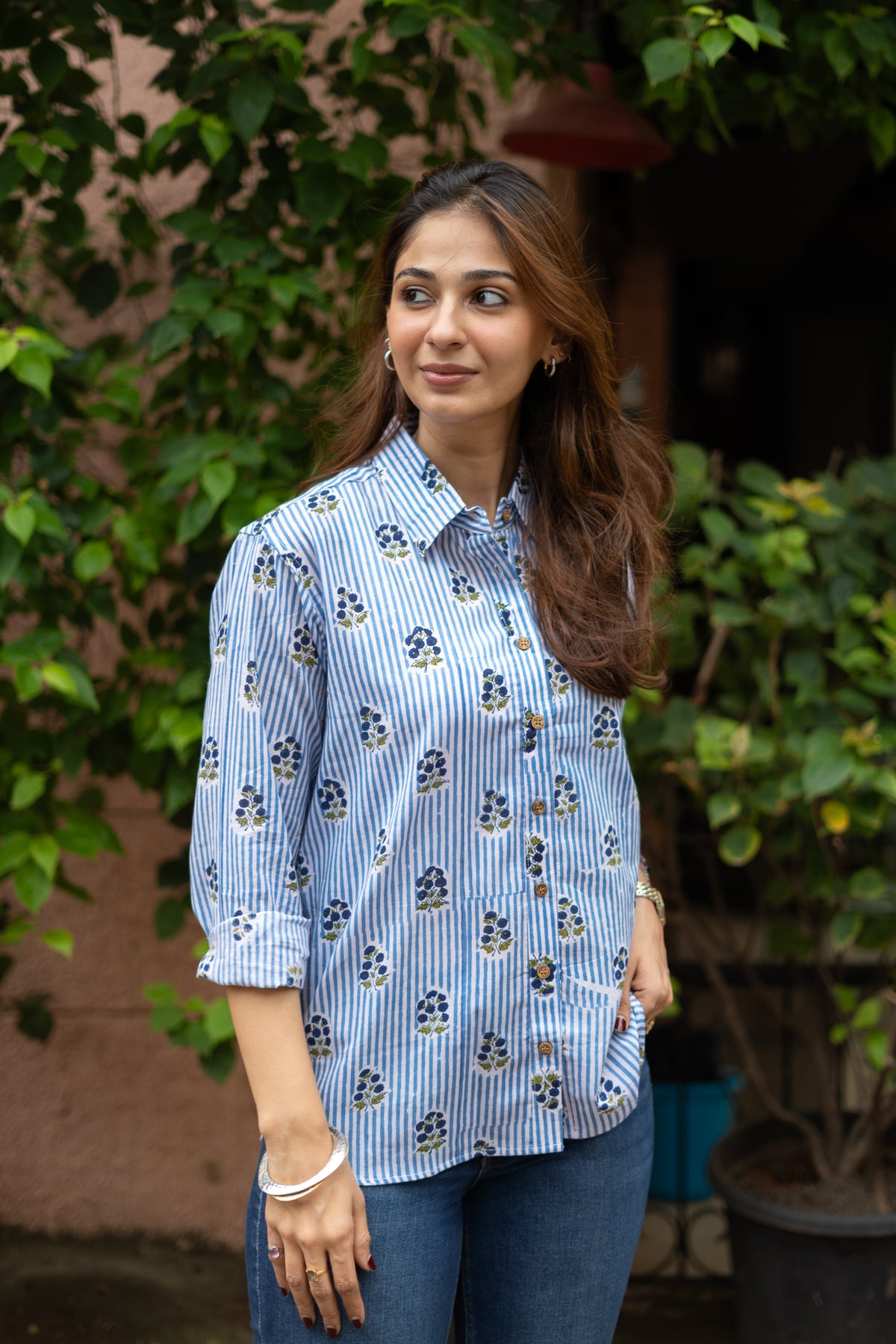 Blue Sanganer Floral Stripe Handblock Cotton Shirt