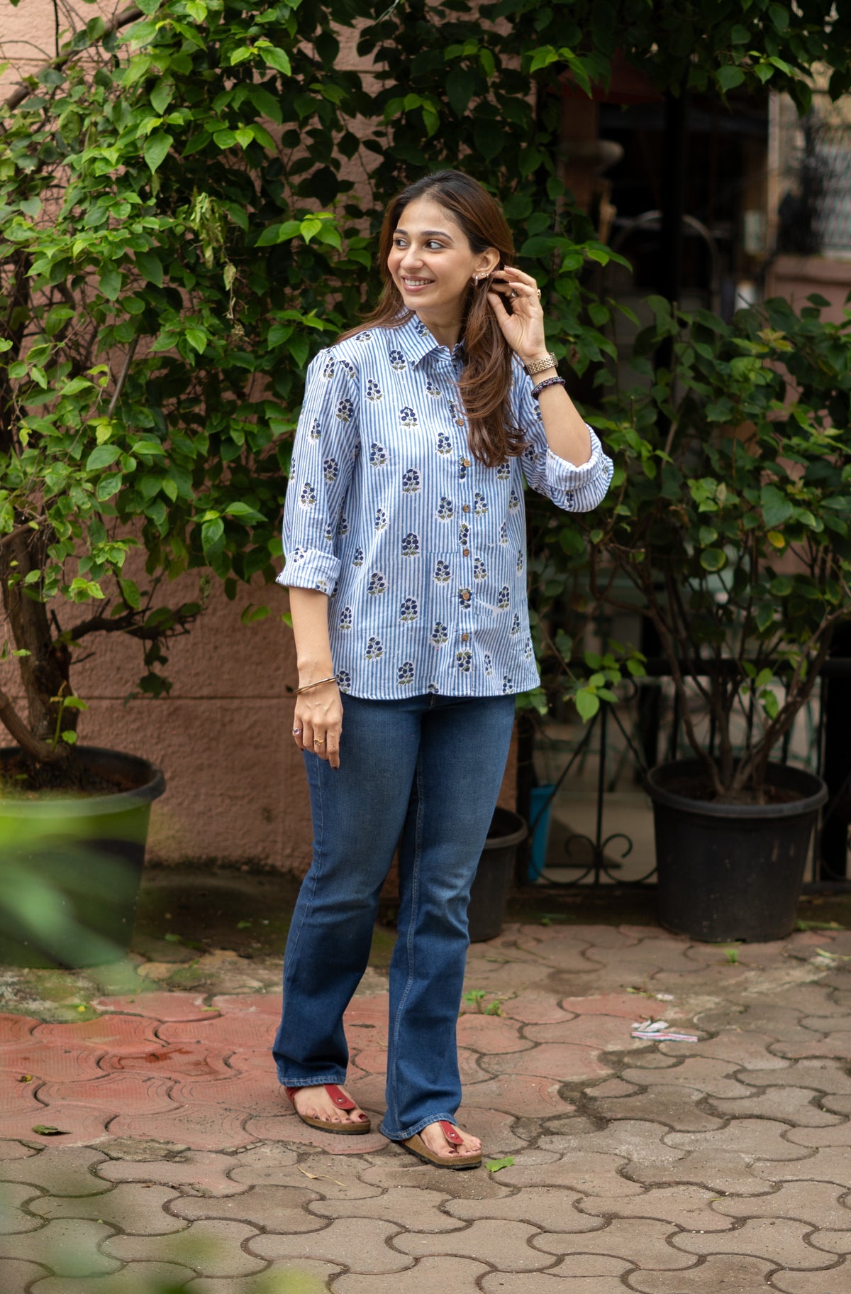 Blue Sanganer Floral Stripe Handblock Cotton Shirt