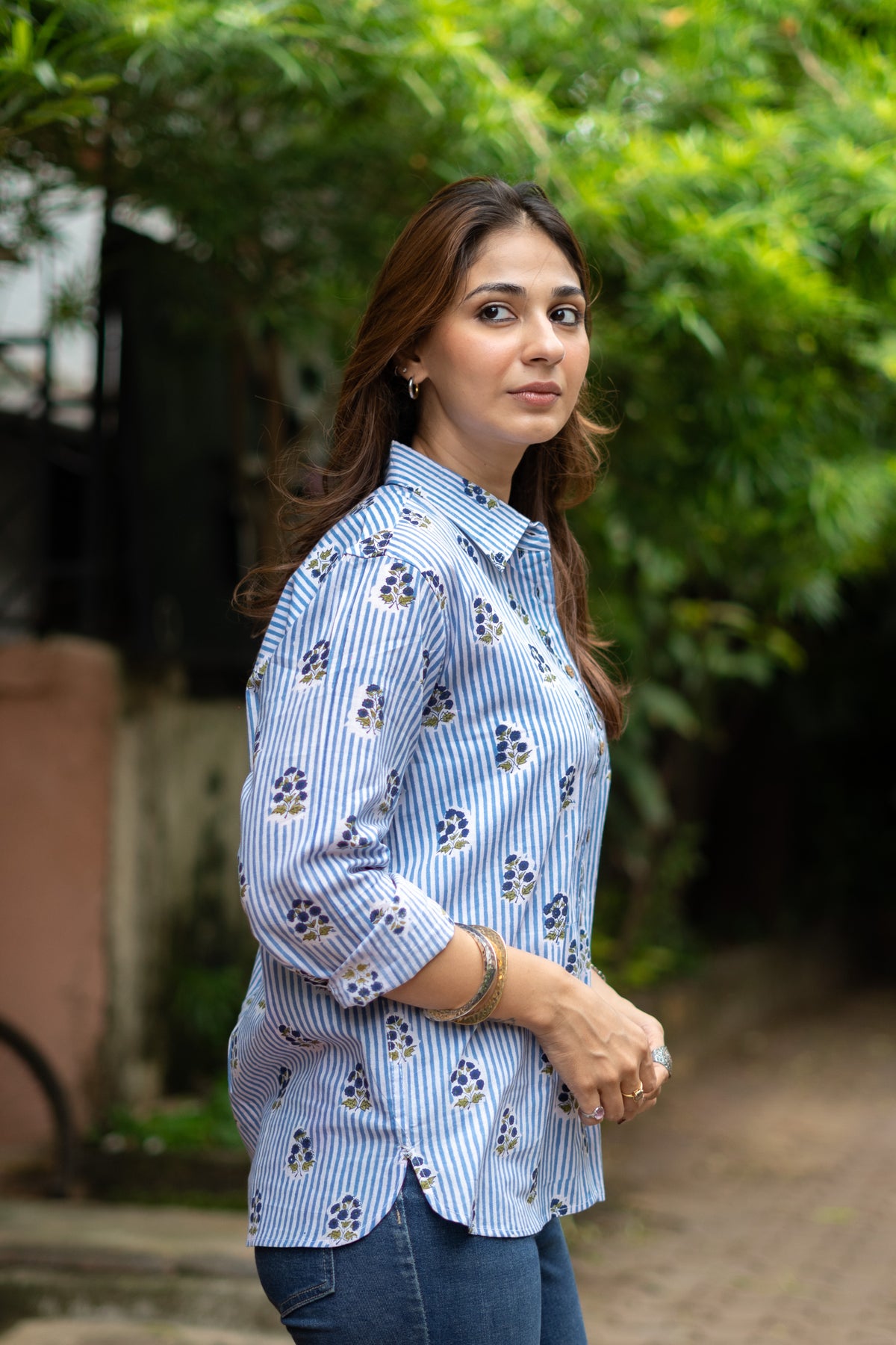Blue Sanganer Floral Stripe Handblock Cotton Shirt