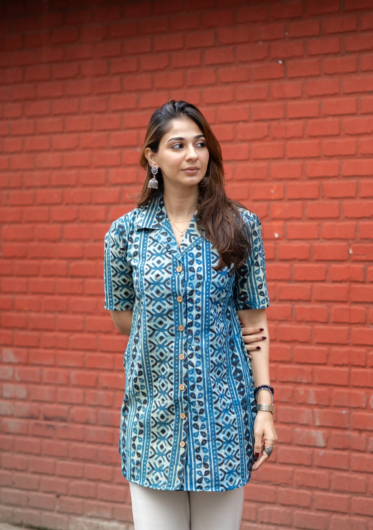 Indigo Patta Stripes Handblock Cotton Shirt Kurti