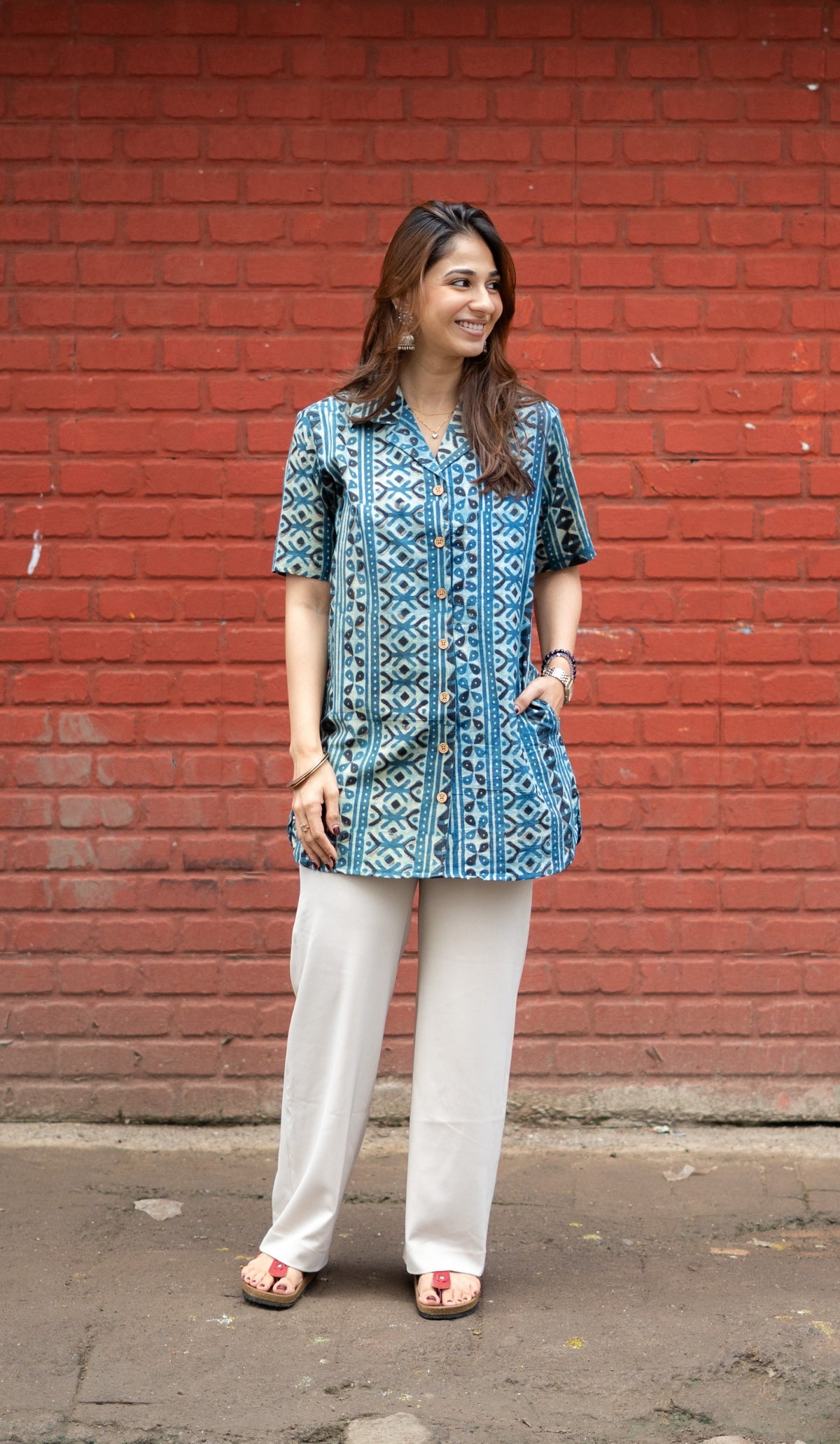 Indigo Patta Stripes Handblock Cotton Shirt Kurti