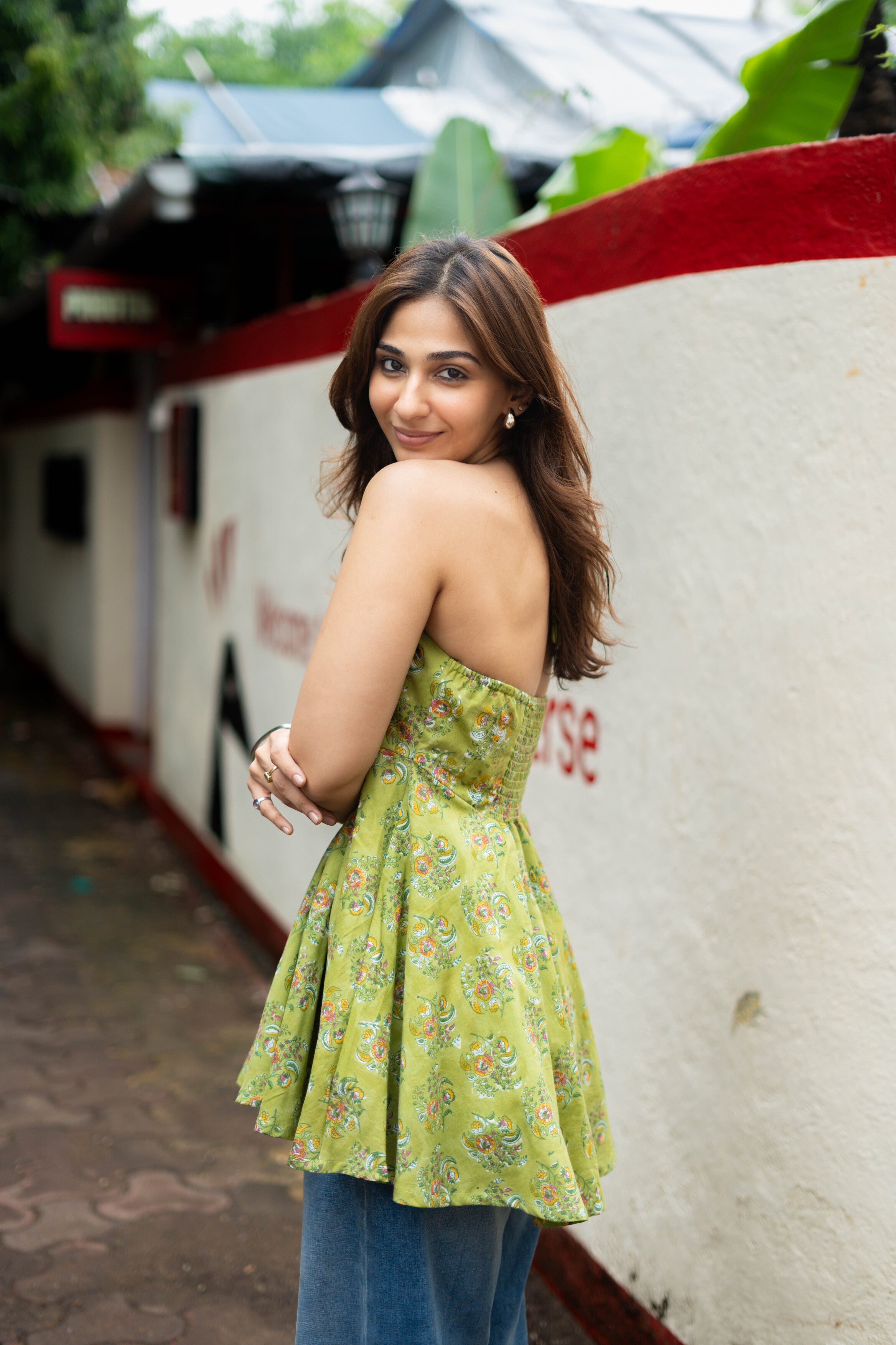 Green Bagru Halter Neck Backless Cotton Short Top