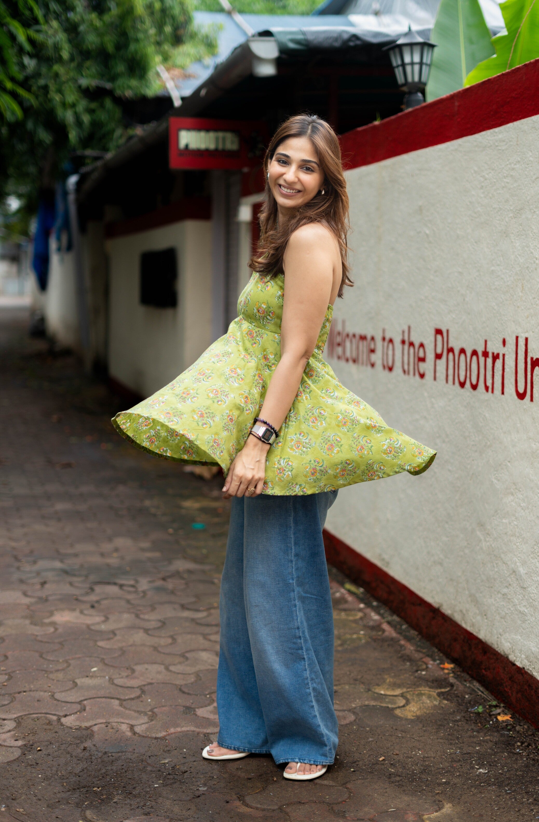 Green Bagru Halter Neck Backless Cotton Short Top