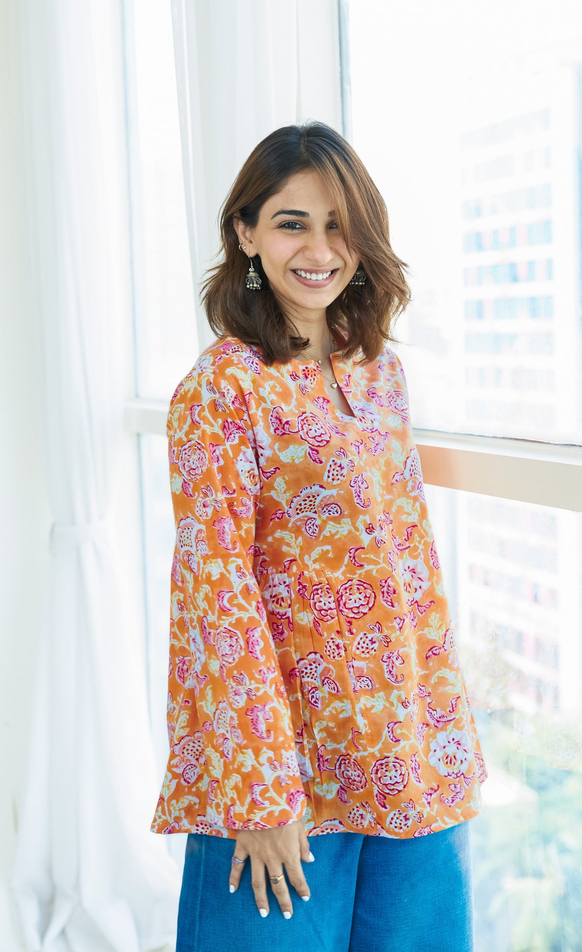 Marigold Bagru Bell Sleeves Cotton Short Top