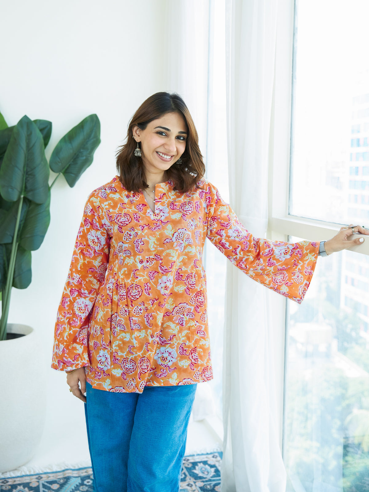 Marigold Bagru Bell Sleeves Cotton Short Top