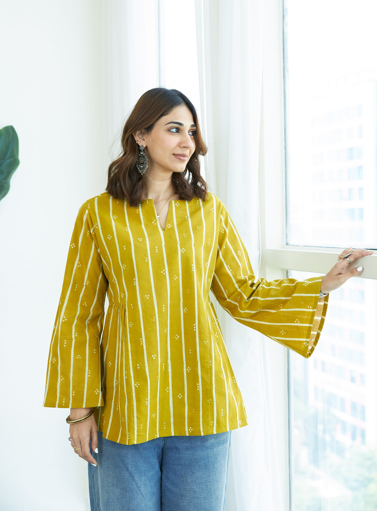 Yellow Bagru Stripe Bell Sleeves Cotton Short Top
