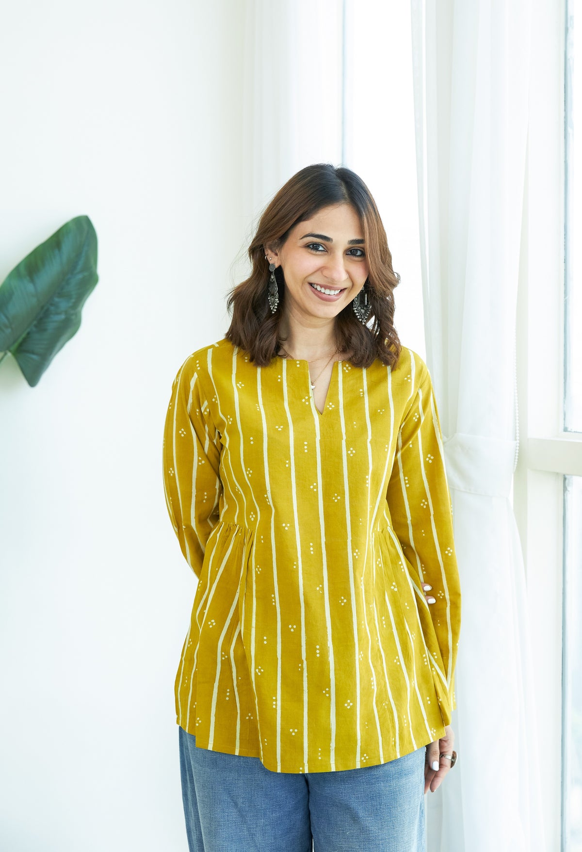 Yellow Bagru Stripe Bell Sleeves Cotton Short Top