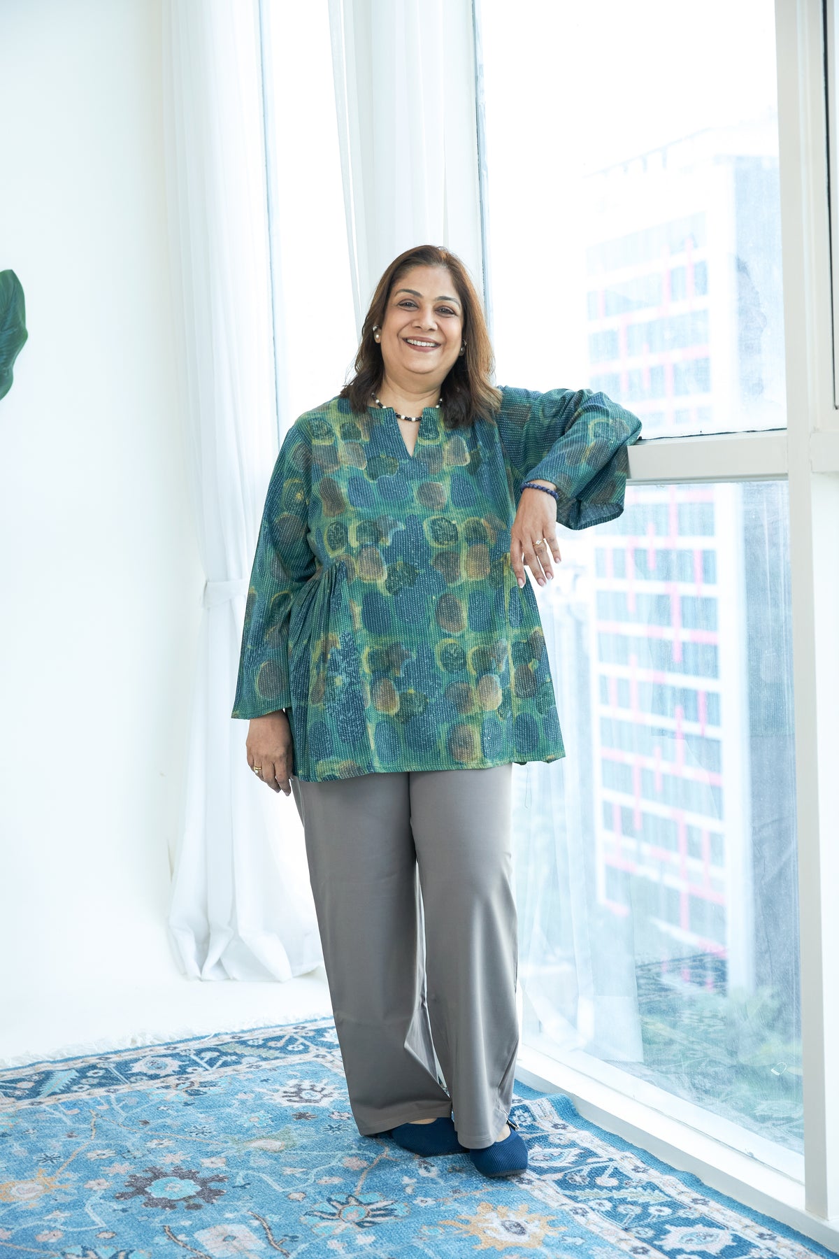 Emerald Bagru Bell Sleeves Katha Cotton Short Top