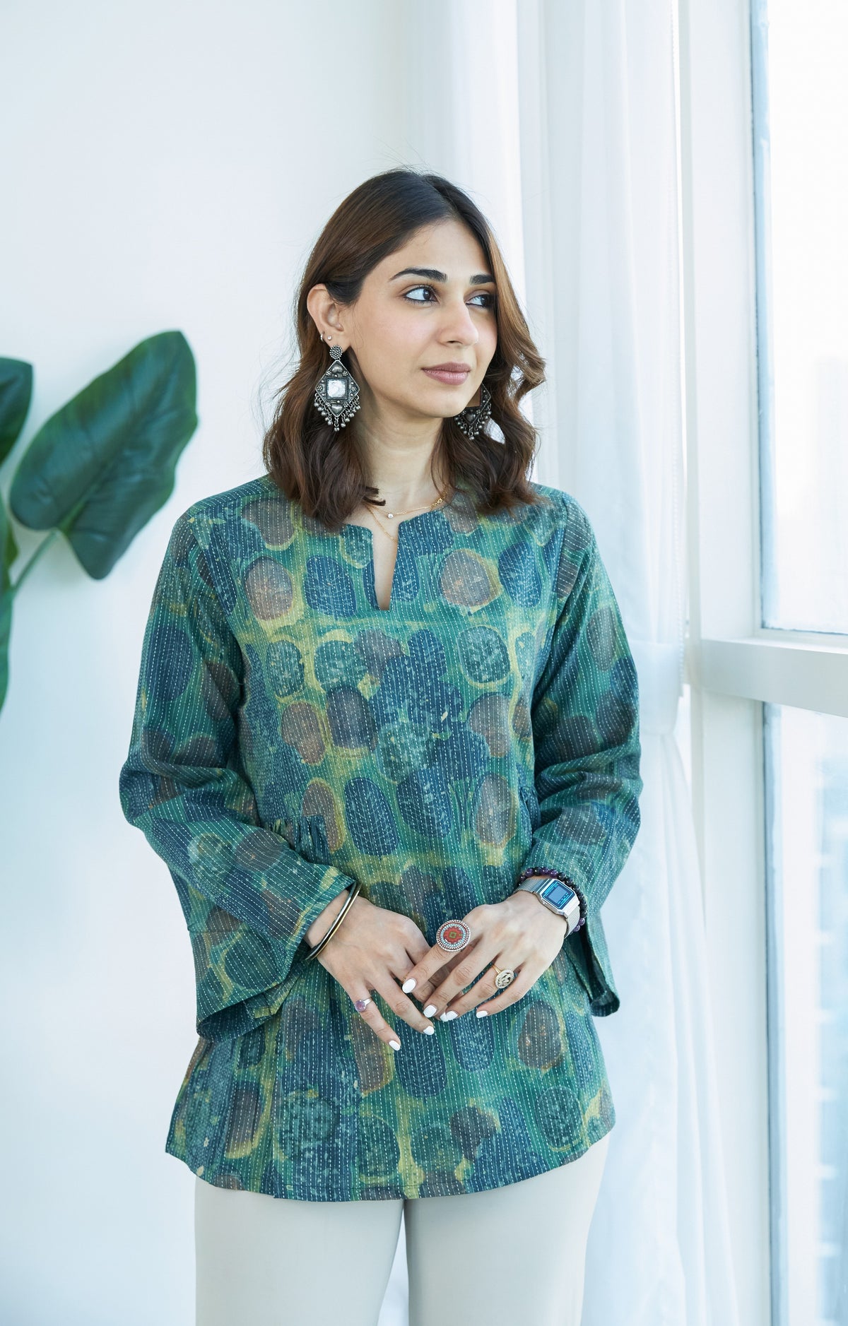 Emerald Bagru Bell Sleeves Katha Cotton Short Top