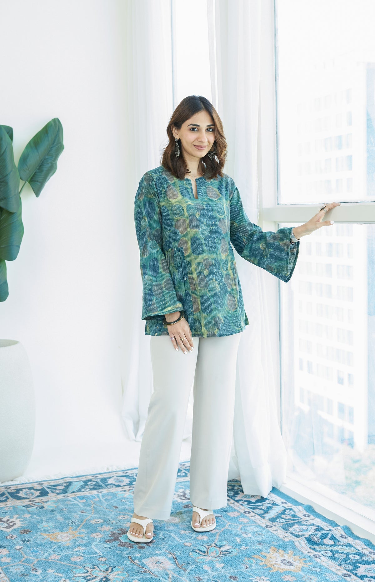 Emerald Bagru Bell Sleeves Katha Cotton Short Top