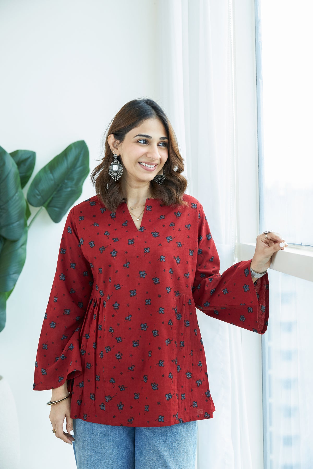 Ajrakh Phool Buti Bell Sleeves Cotton Short Top