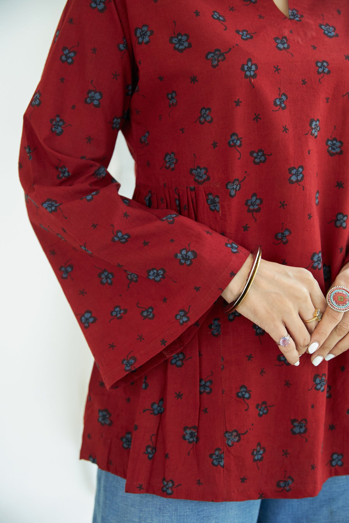 Ajrakh Phool Buti Bell Sleeves Cotton Short Top