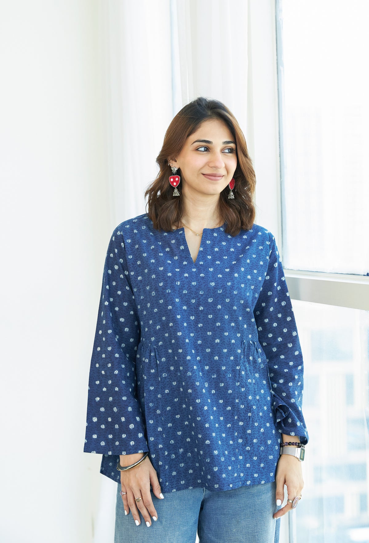 Navy Blue Bagru Bell Sleeves Cotton Short Top