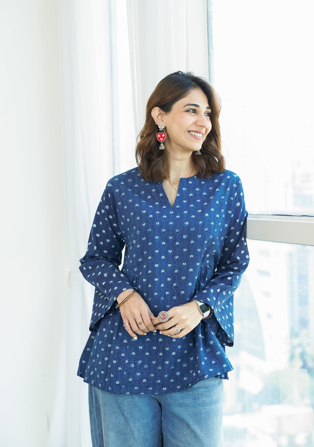 Navy Blue Bagru Bell Sleeves Cotton Short Top