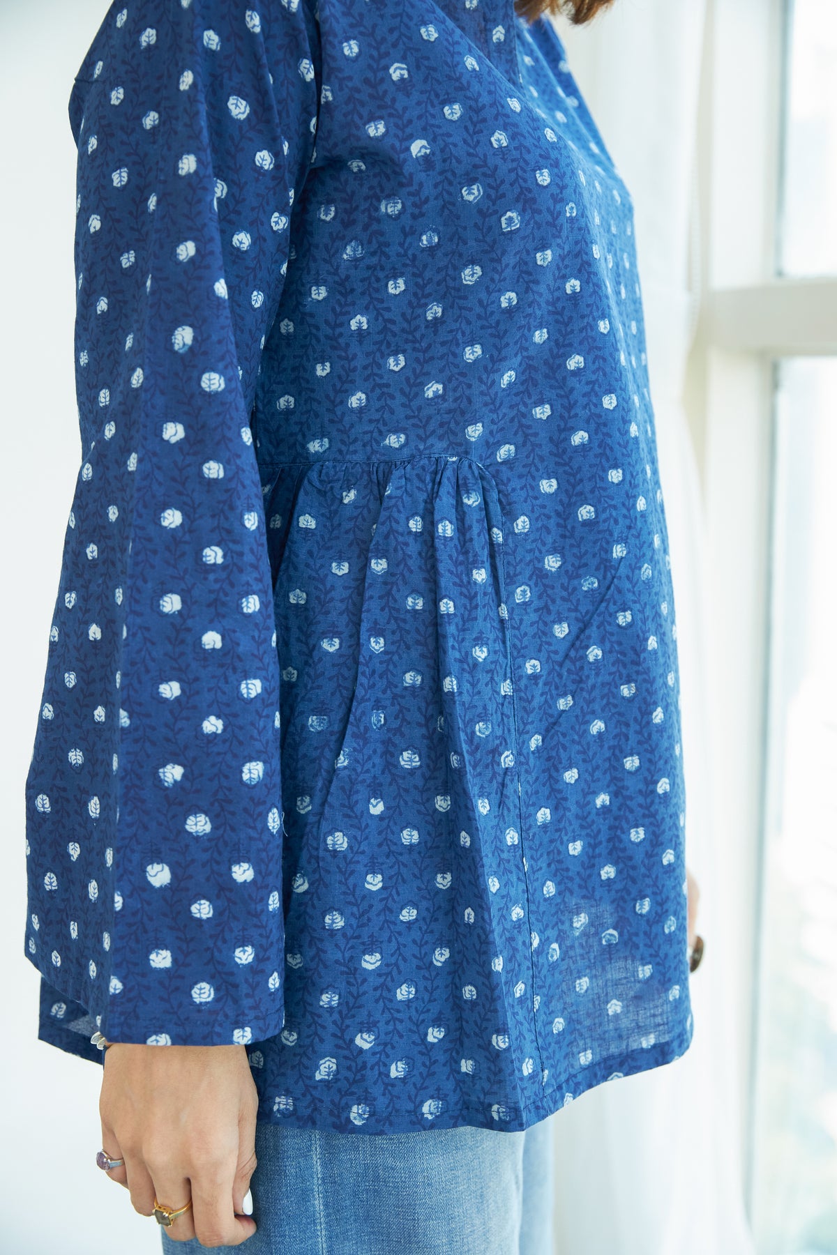 Navy Blue Bagru Bell Sleeves Cotton Short Top