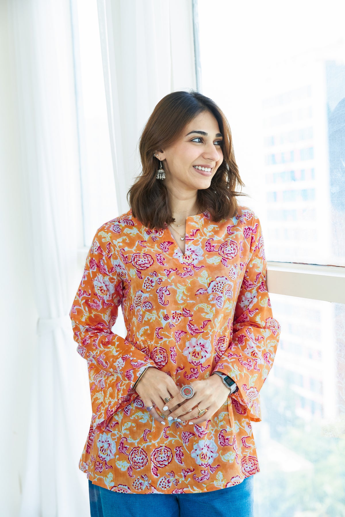 Marigold Bagru Bell Sleeves Cotton Short Top