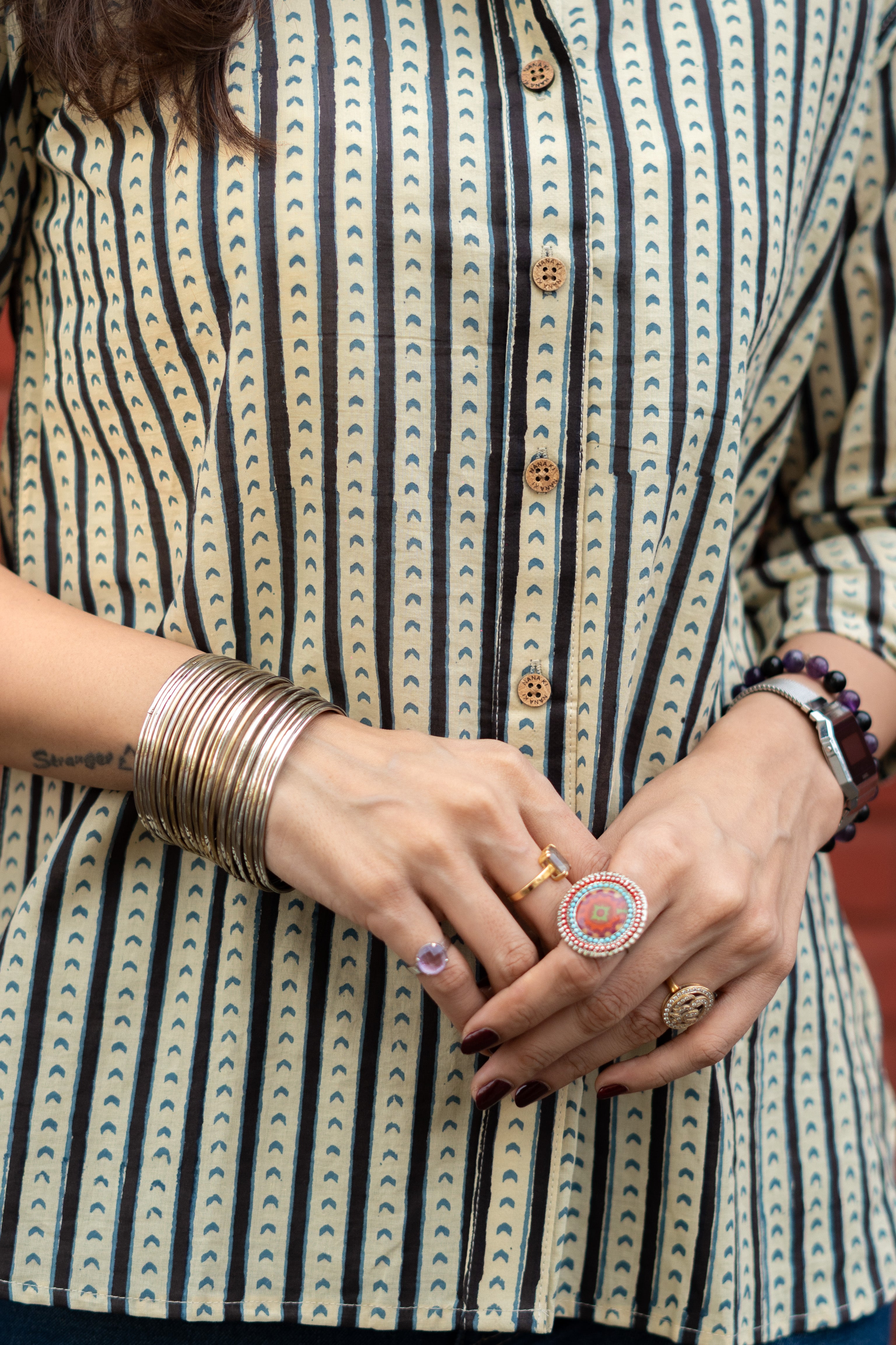Ajrakh Teer Stripe Handblock Cotton Shirt