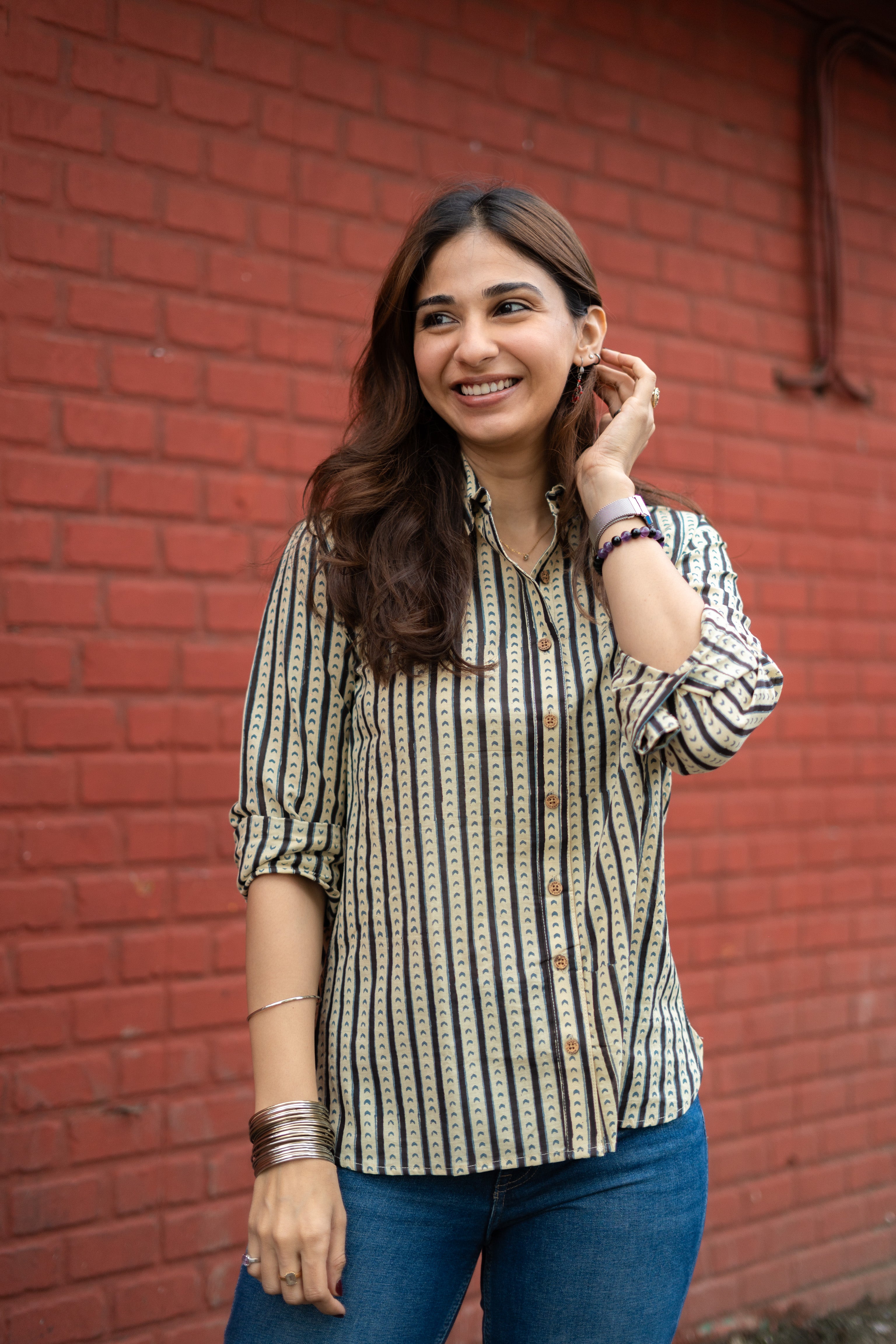 Ajrakh Teer Stripe Handblock Cotton Shirt