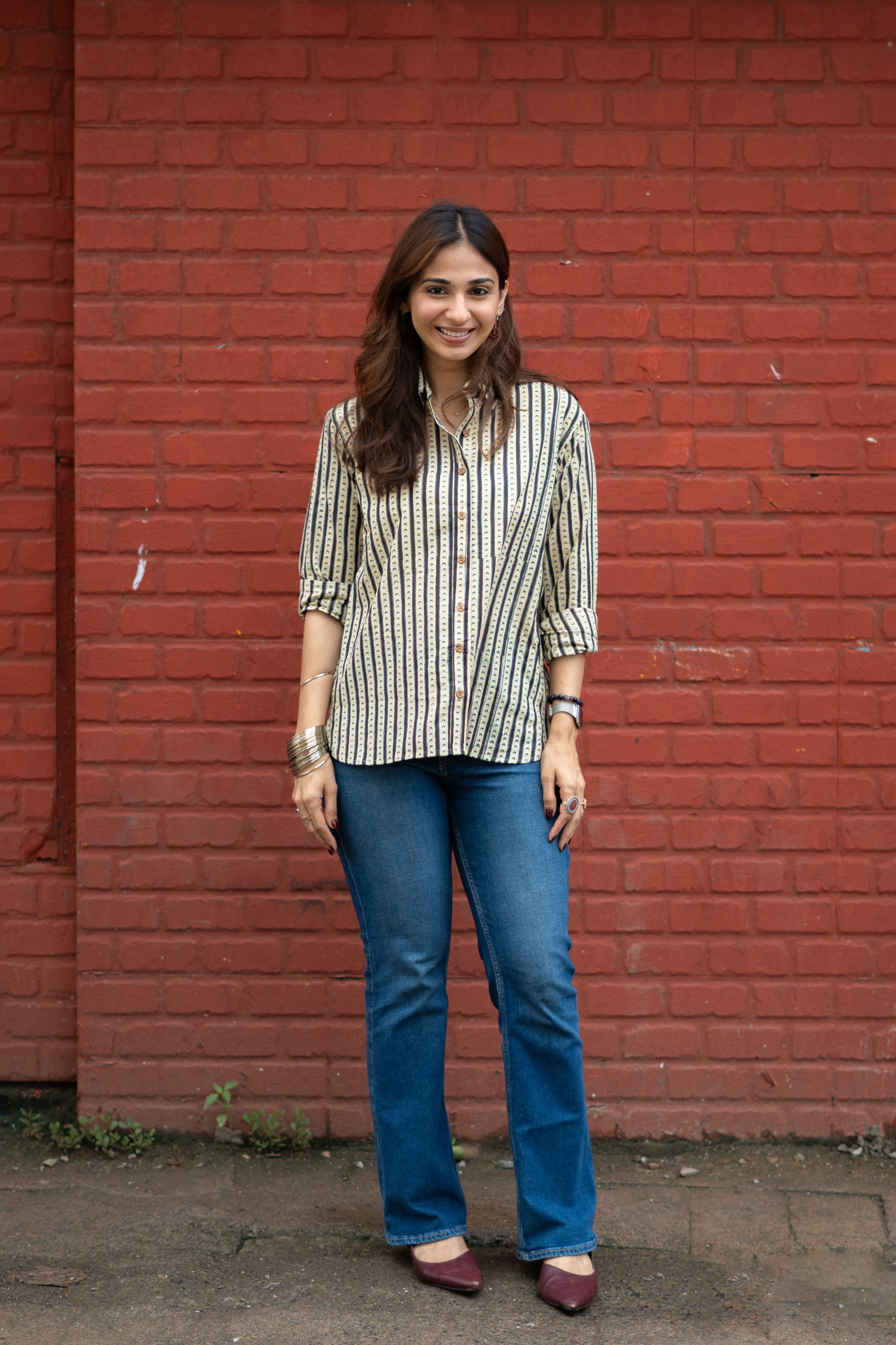 Ajrakh Teer Stripe Handblock Cotton Shirt
