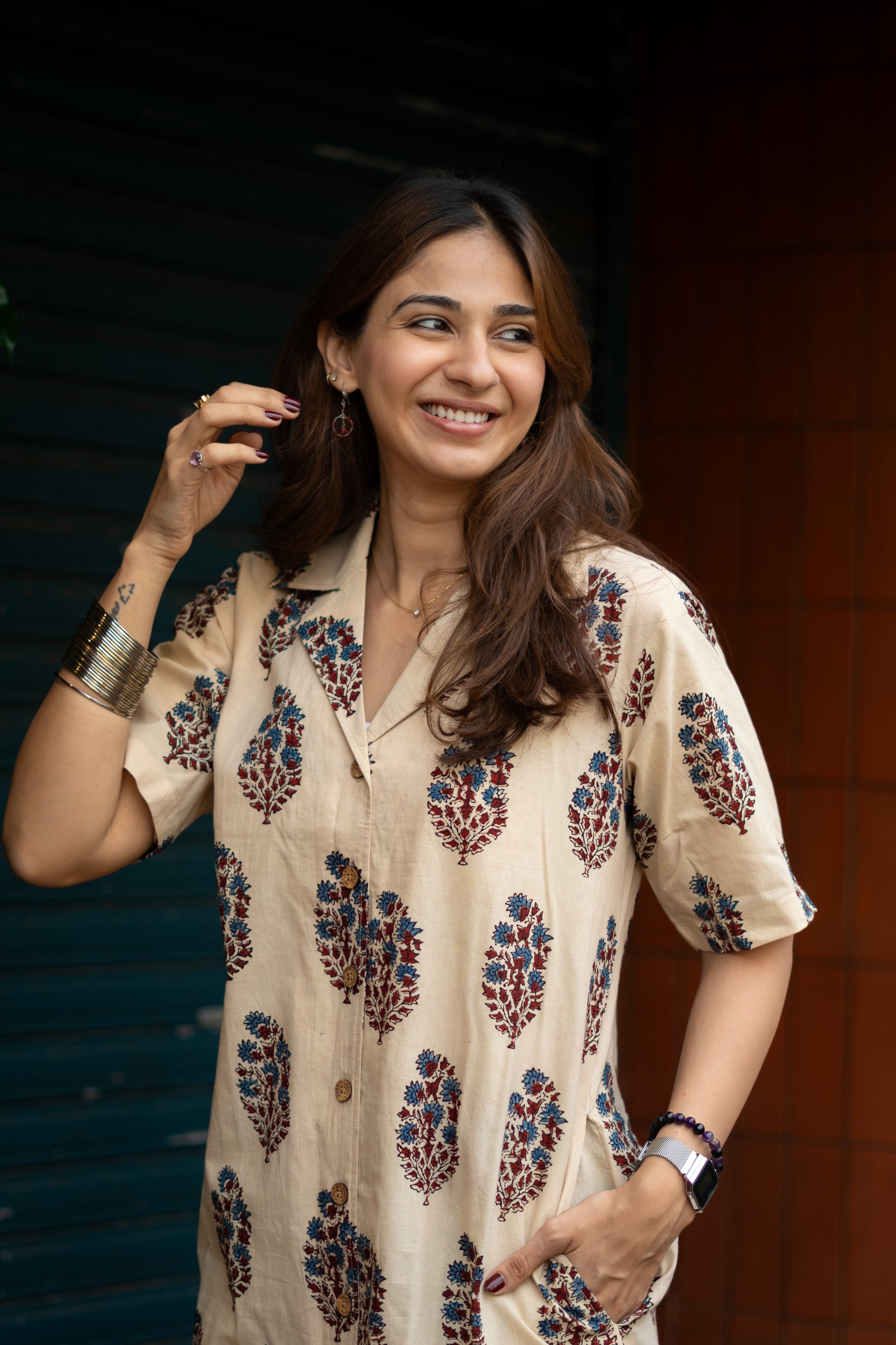 Ajrakh Indigo Maroon Buta Handblock Cotton Shirt Kurti