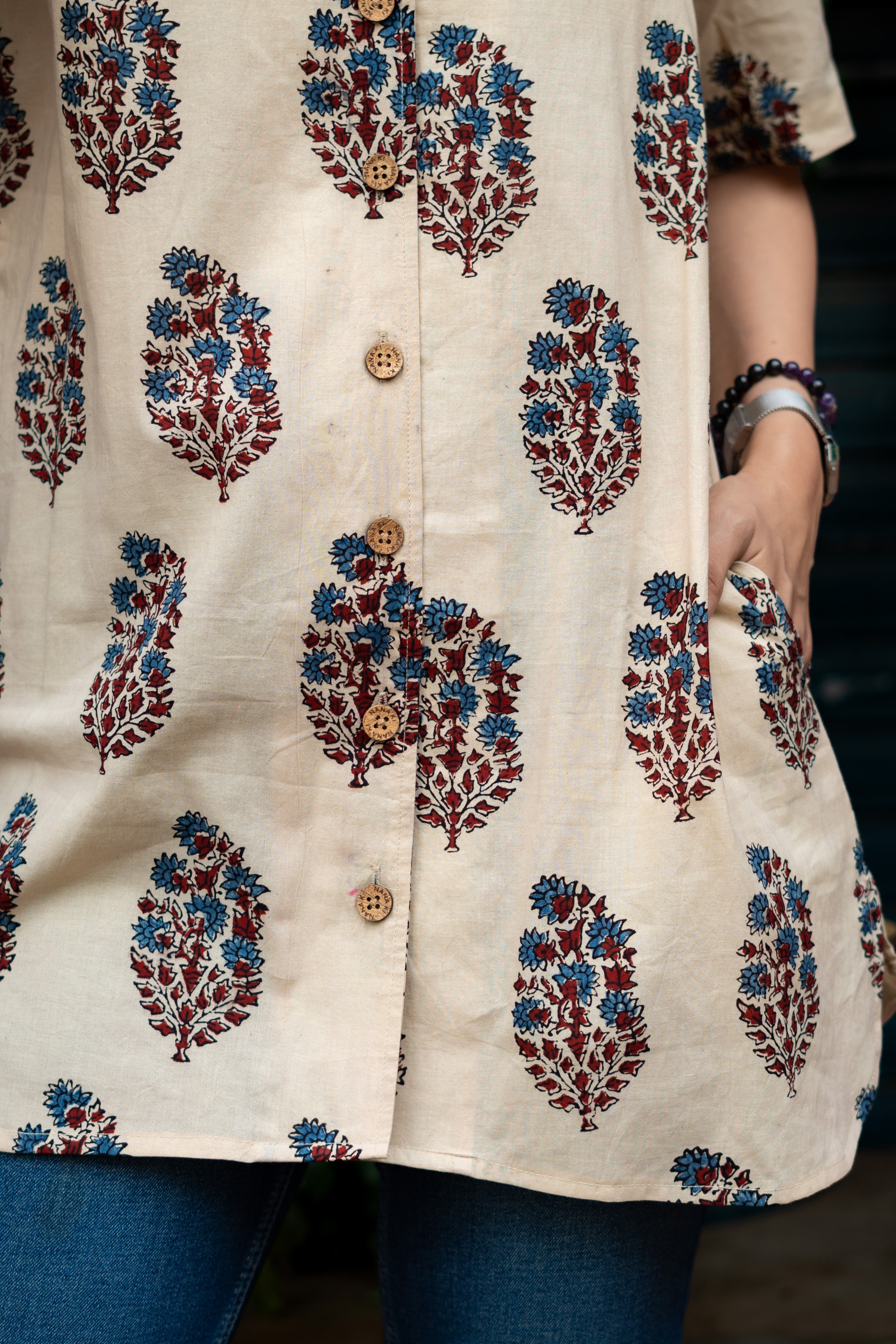 Ajrakh Indigo Maroon Buta Handblock Cotton Shirt Kurti