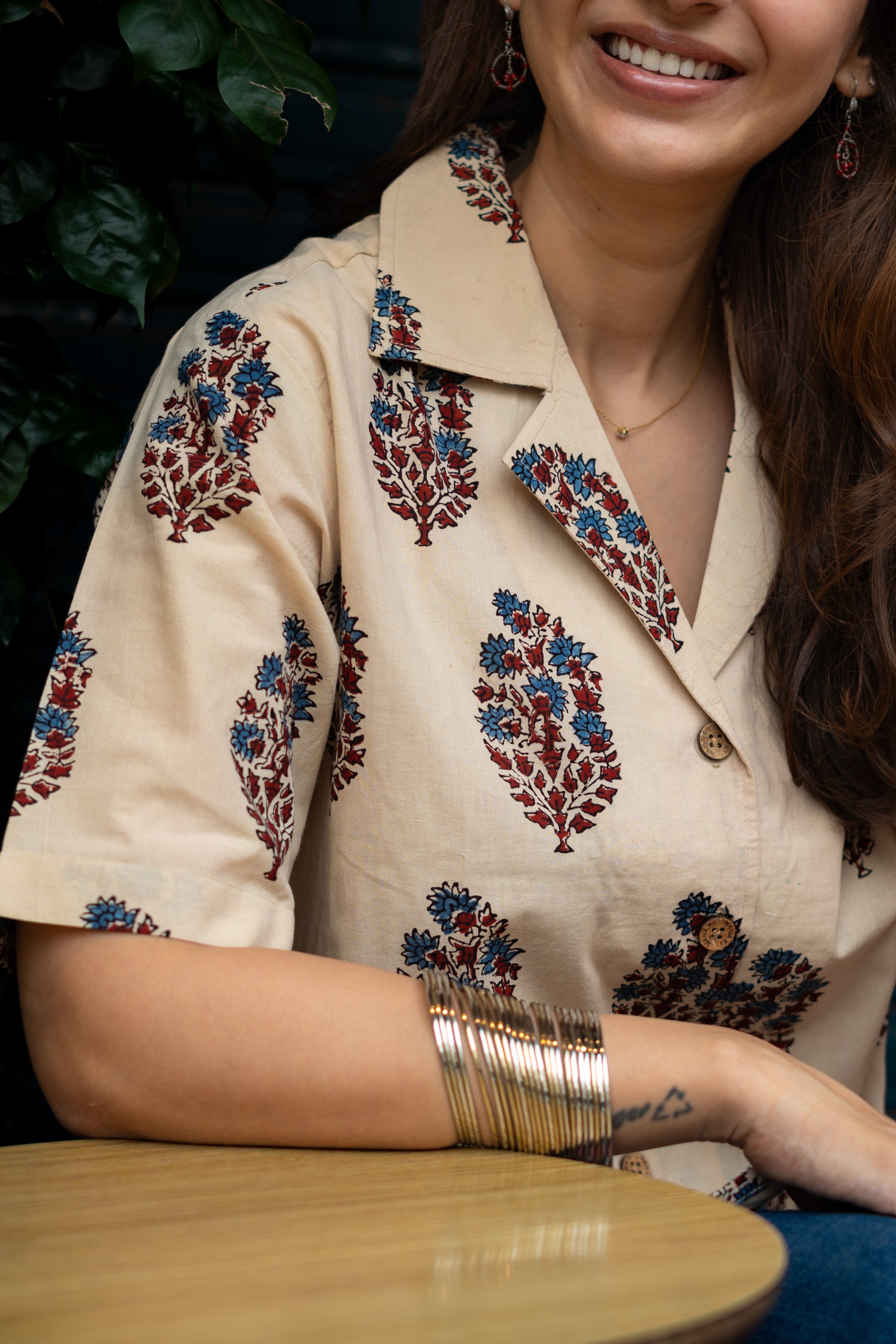 Ajrakh Indigo Maroon Buta Handblock Cotton Shirt Kurti