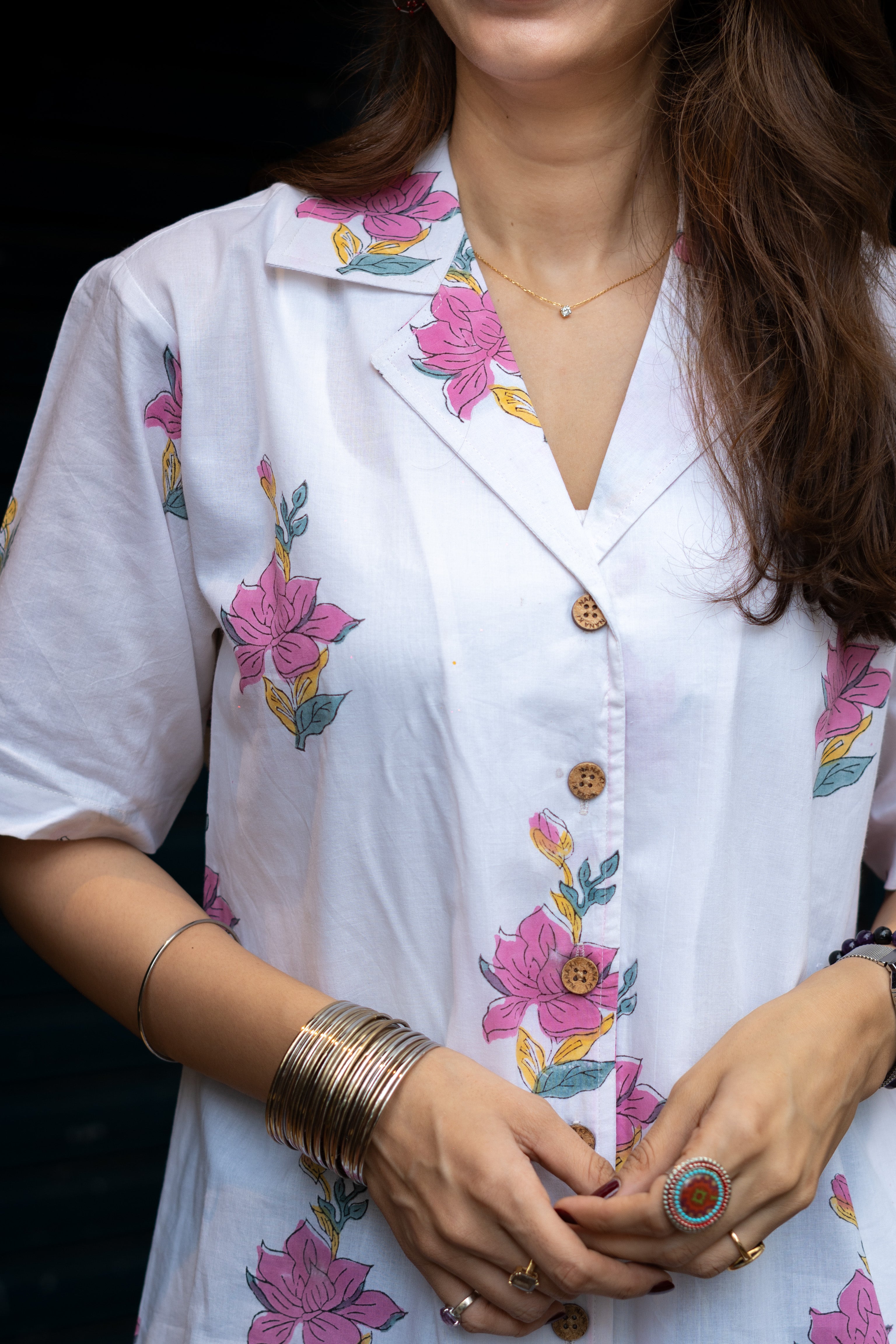 Sanganeri Pink Floral Handblock Cotton Shirt Kurti
