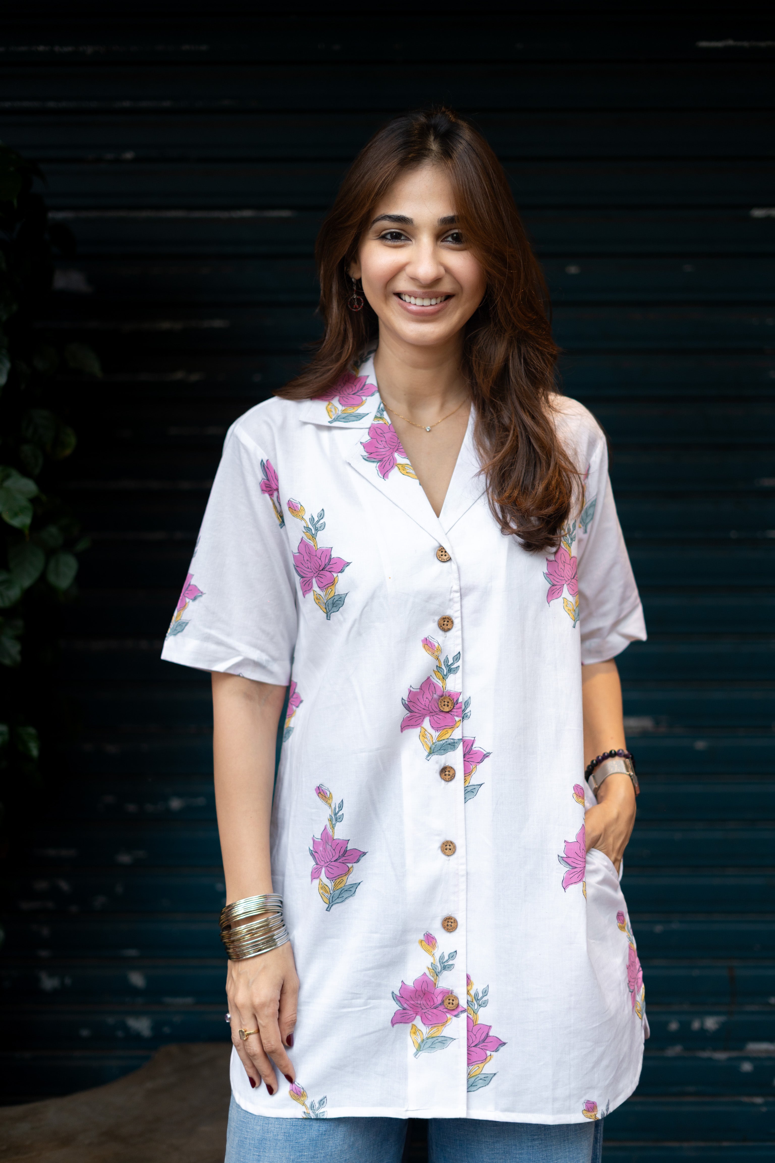 Sanganeri Pink Floral Handblock Cotton Shirt Kurti