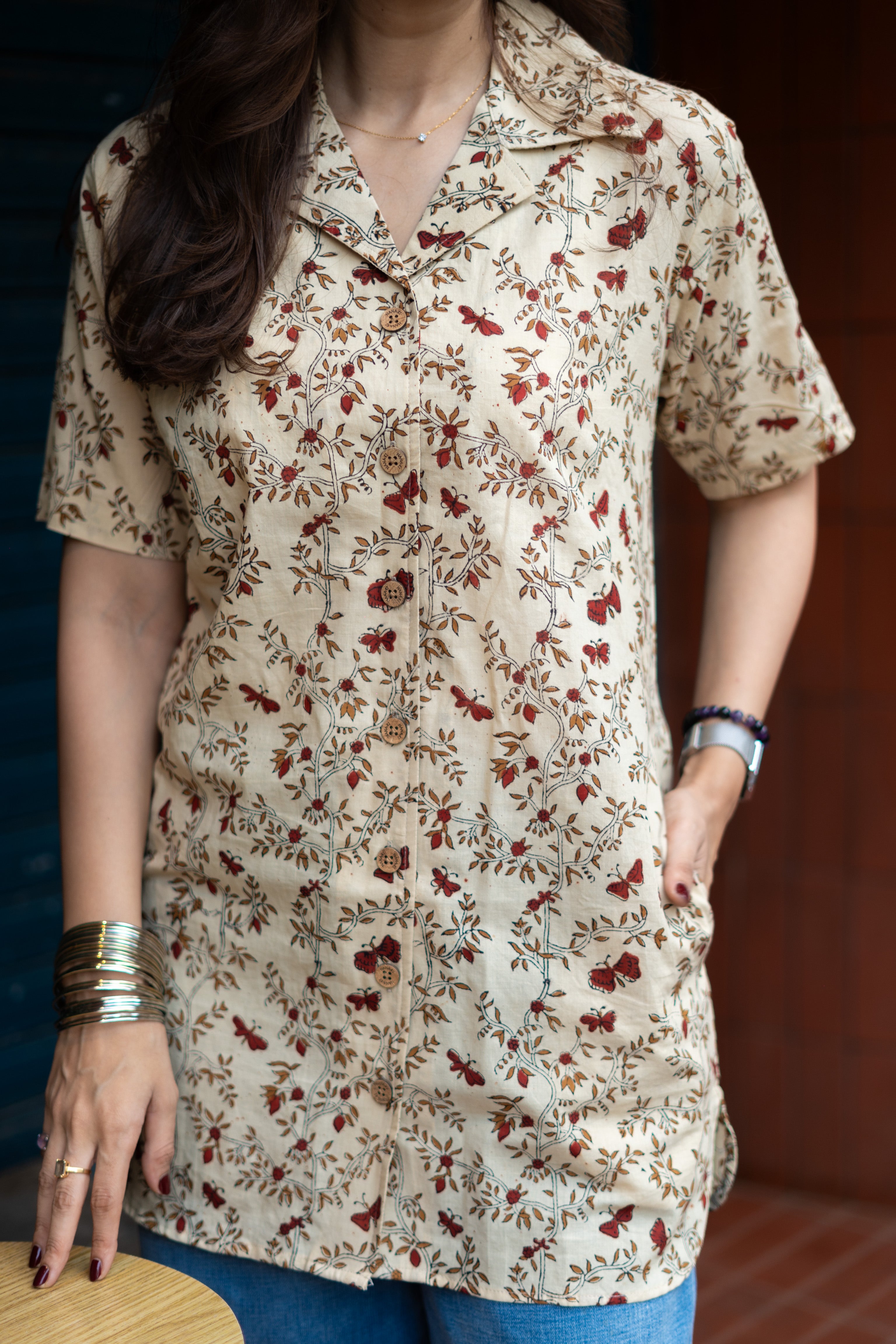 Beige Floral Kalamkari  Handblock Cotton Shirt Kurti