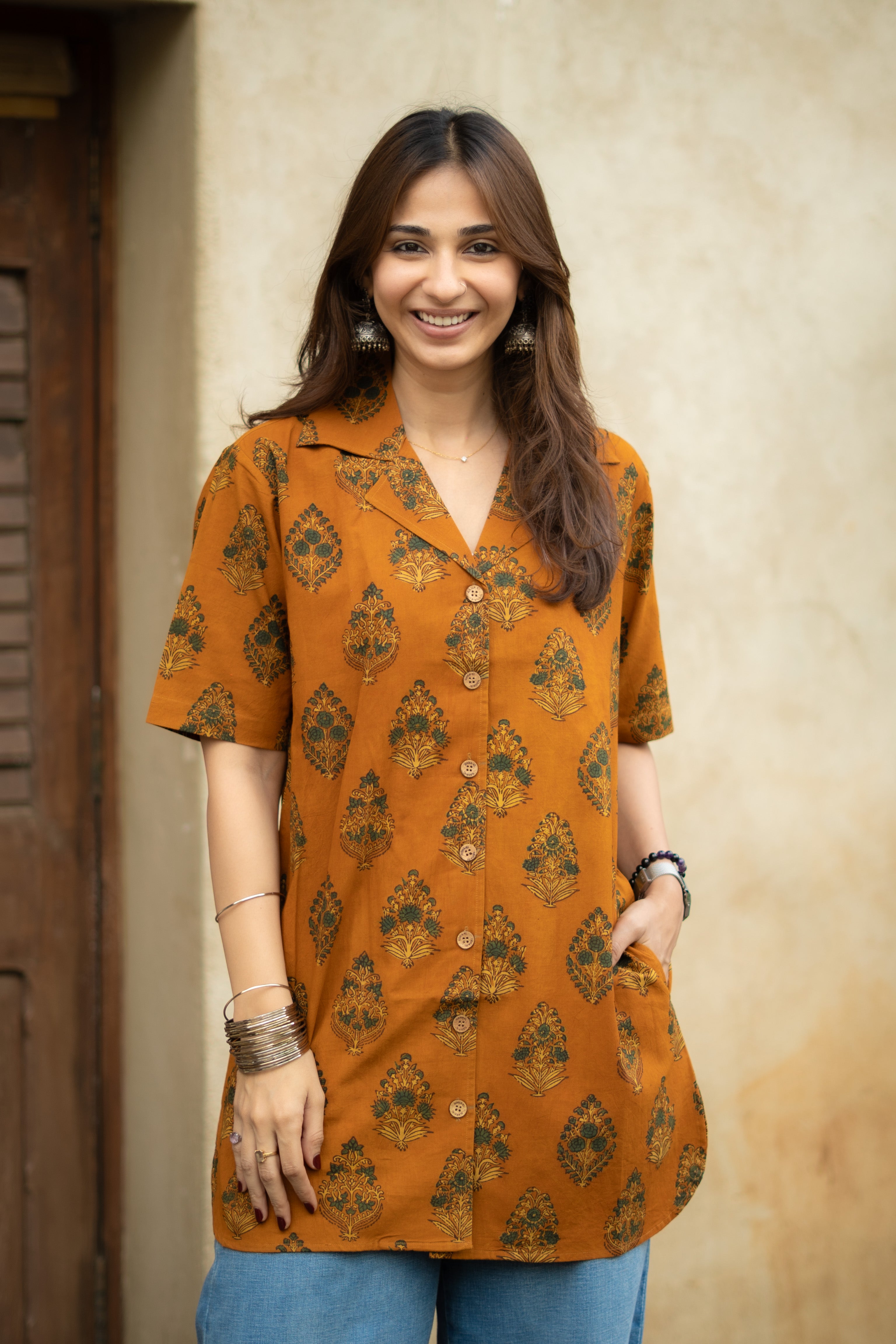 Ajrakh Yellow Floral Handblock Cotton Shirt Kurti