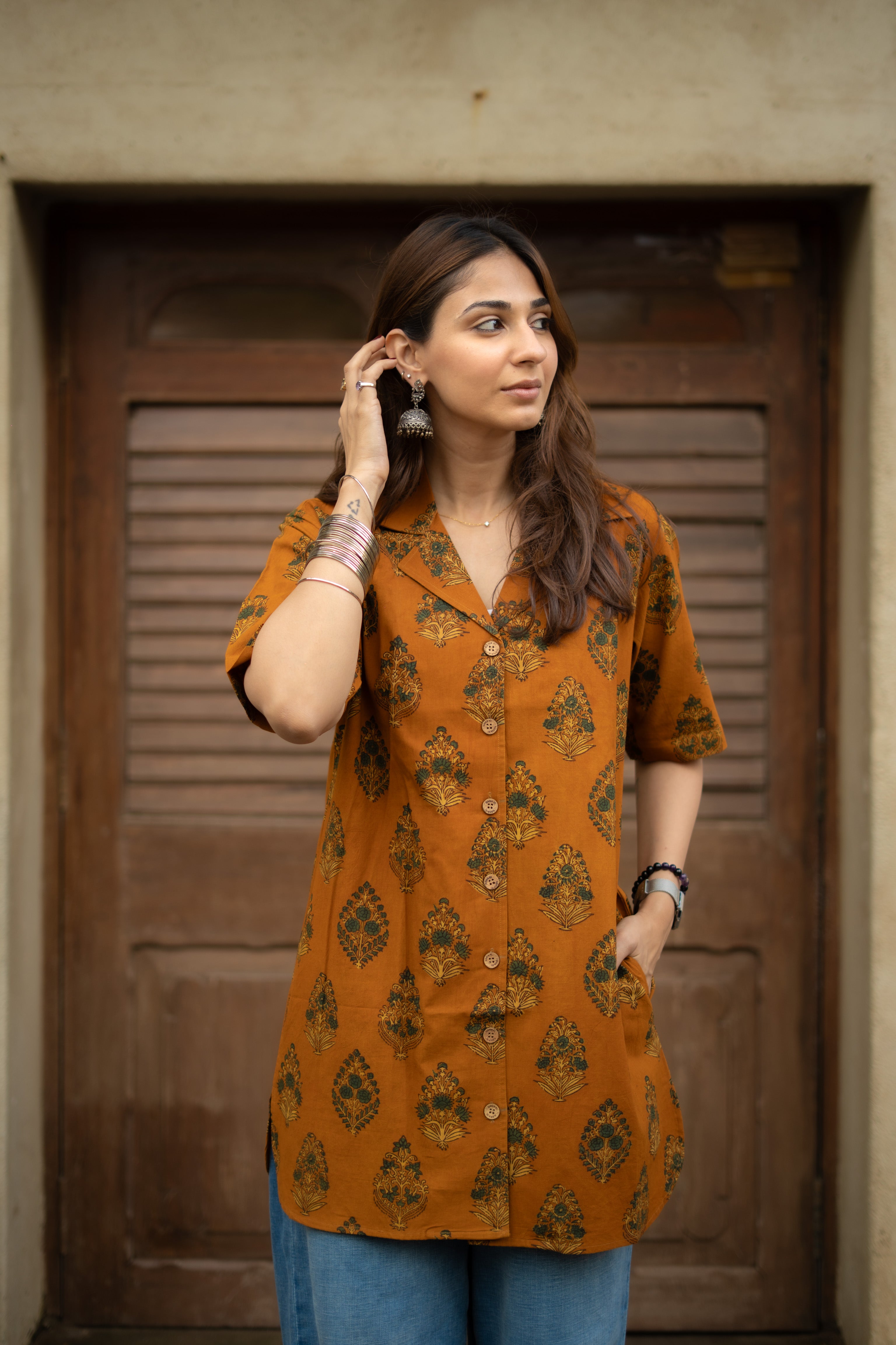 Ajrakh Yellow Floral Handblock Cotton Shirt Kurti