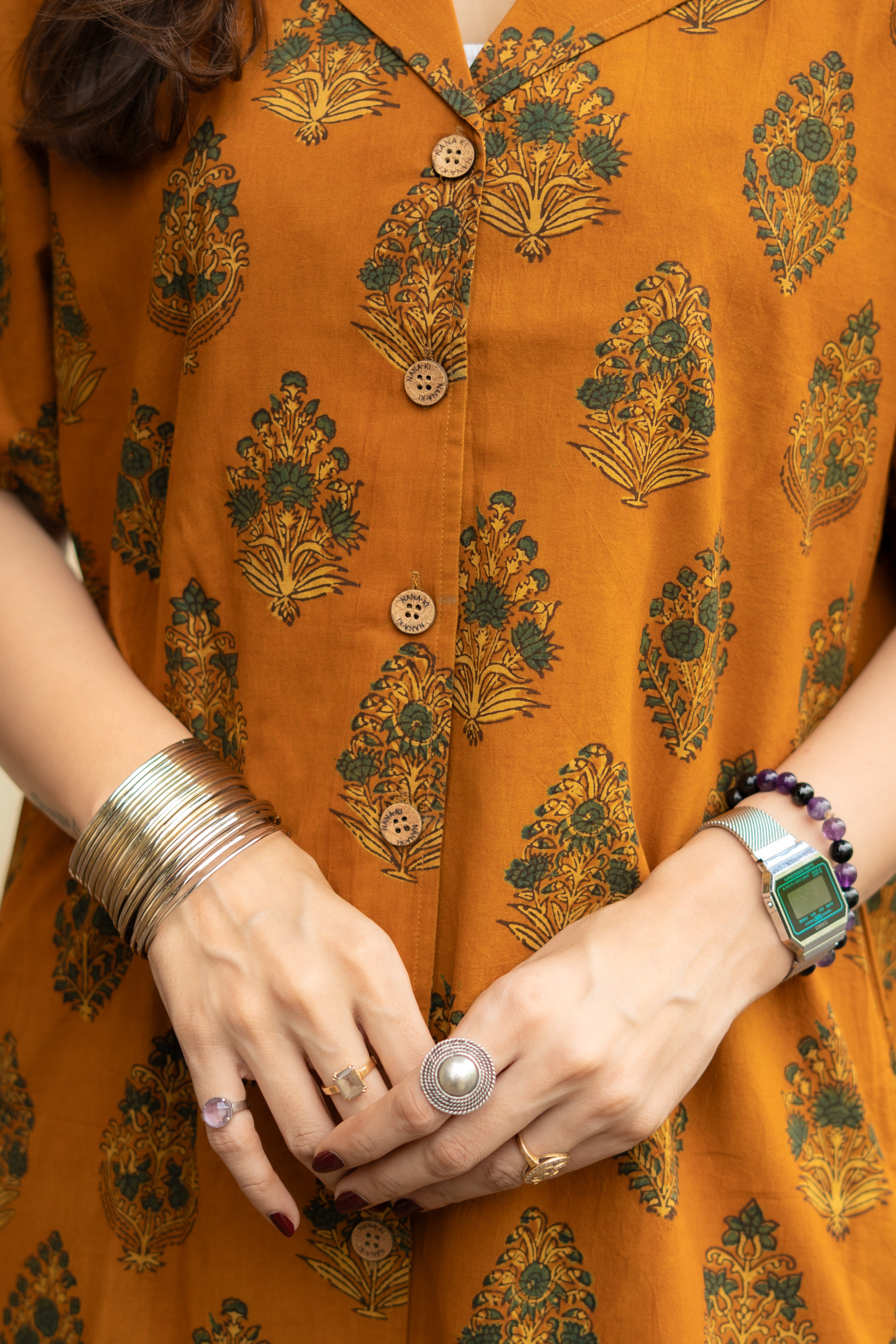 Ajrakh Yellow Floral Handblock Cotton Shirt Kurti