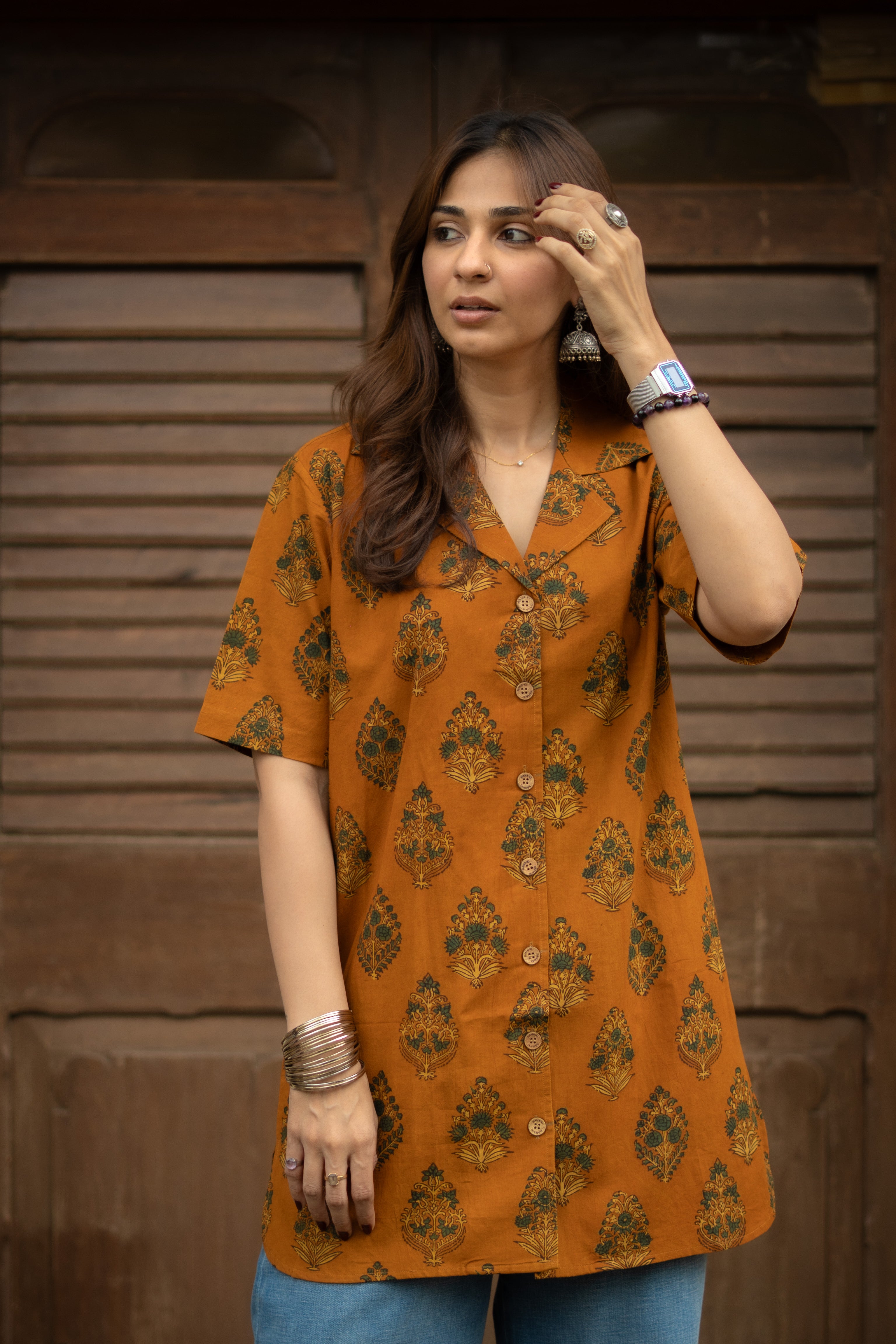 Ajrakh Yellow Floral Handblock Cotton Shirt Kurti