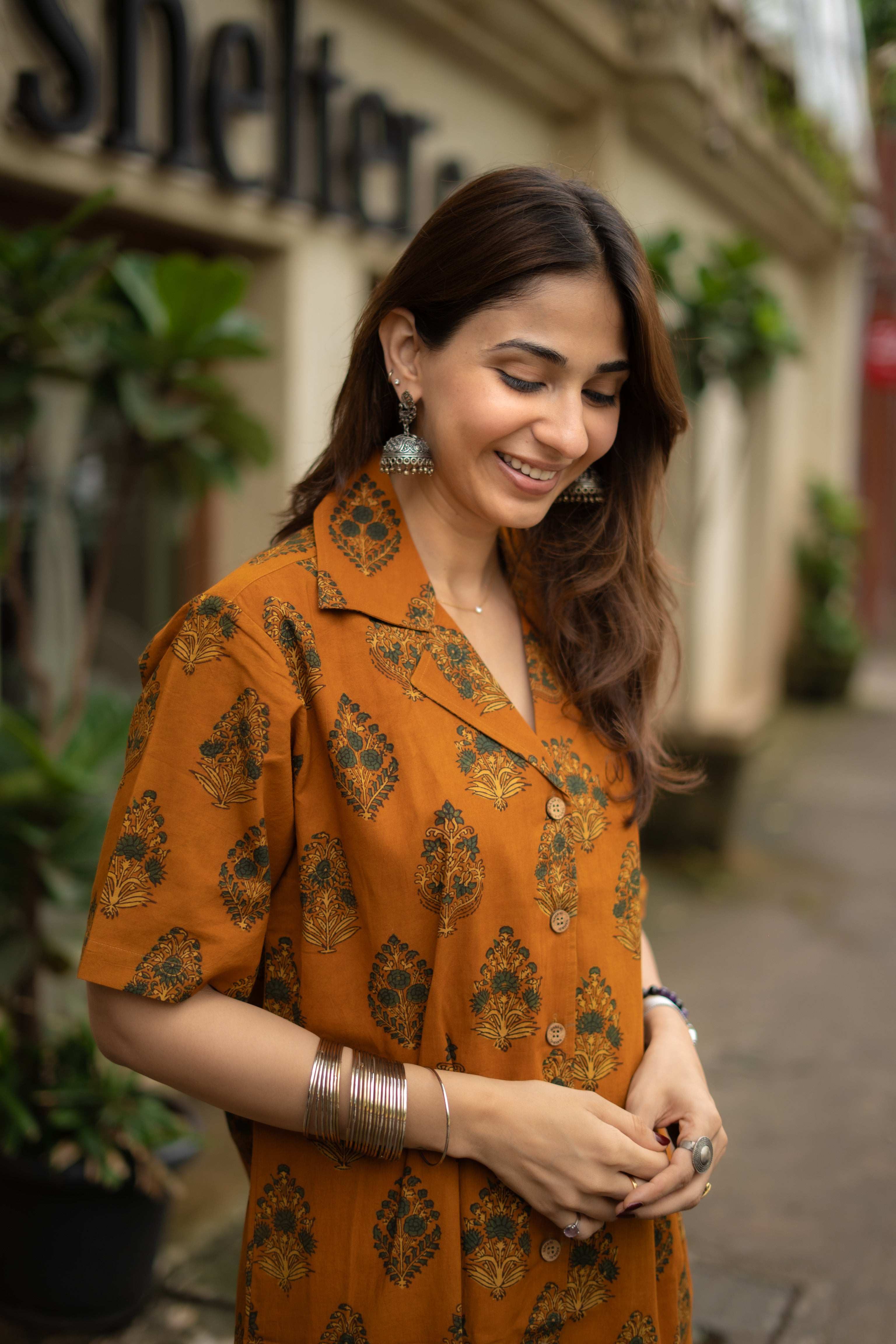 Ajrakh Yellow Floral Handblock Cotton Shirt Kurti