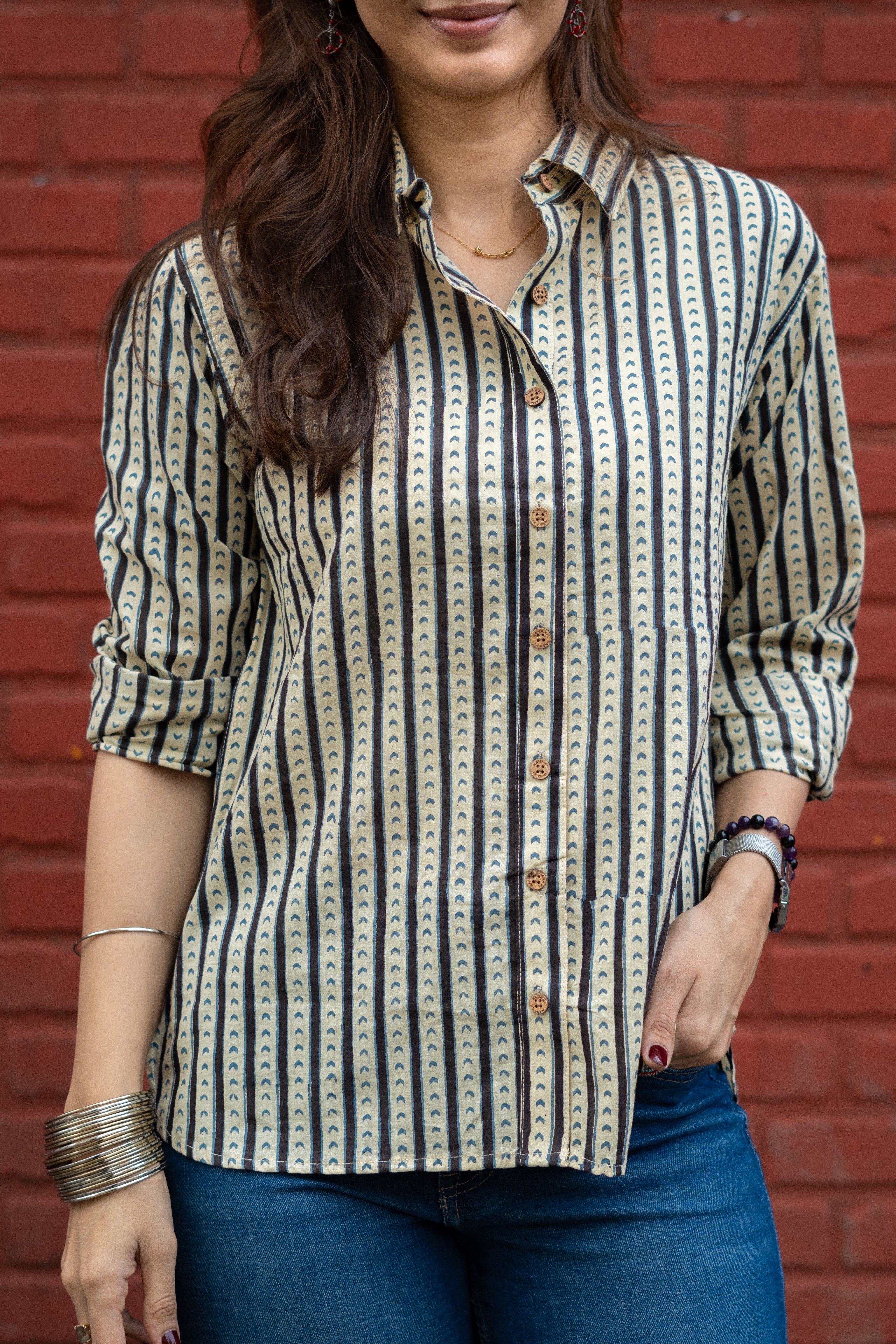 Ajrakh Teer Stripe Handblock Cotton Shirt