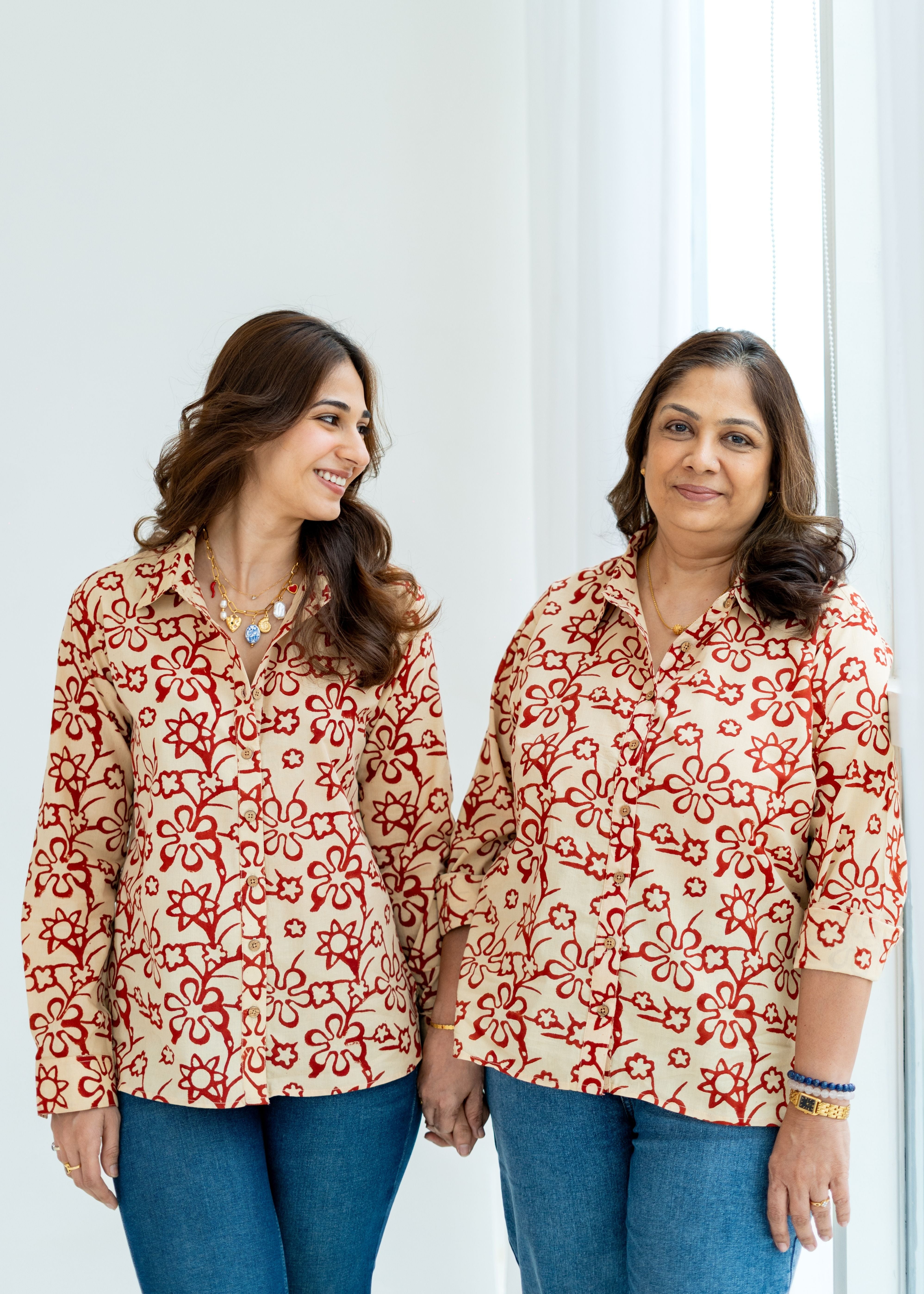 Red Cream Floral Block Print Cotton Shirt