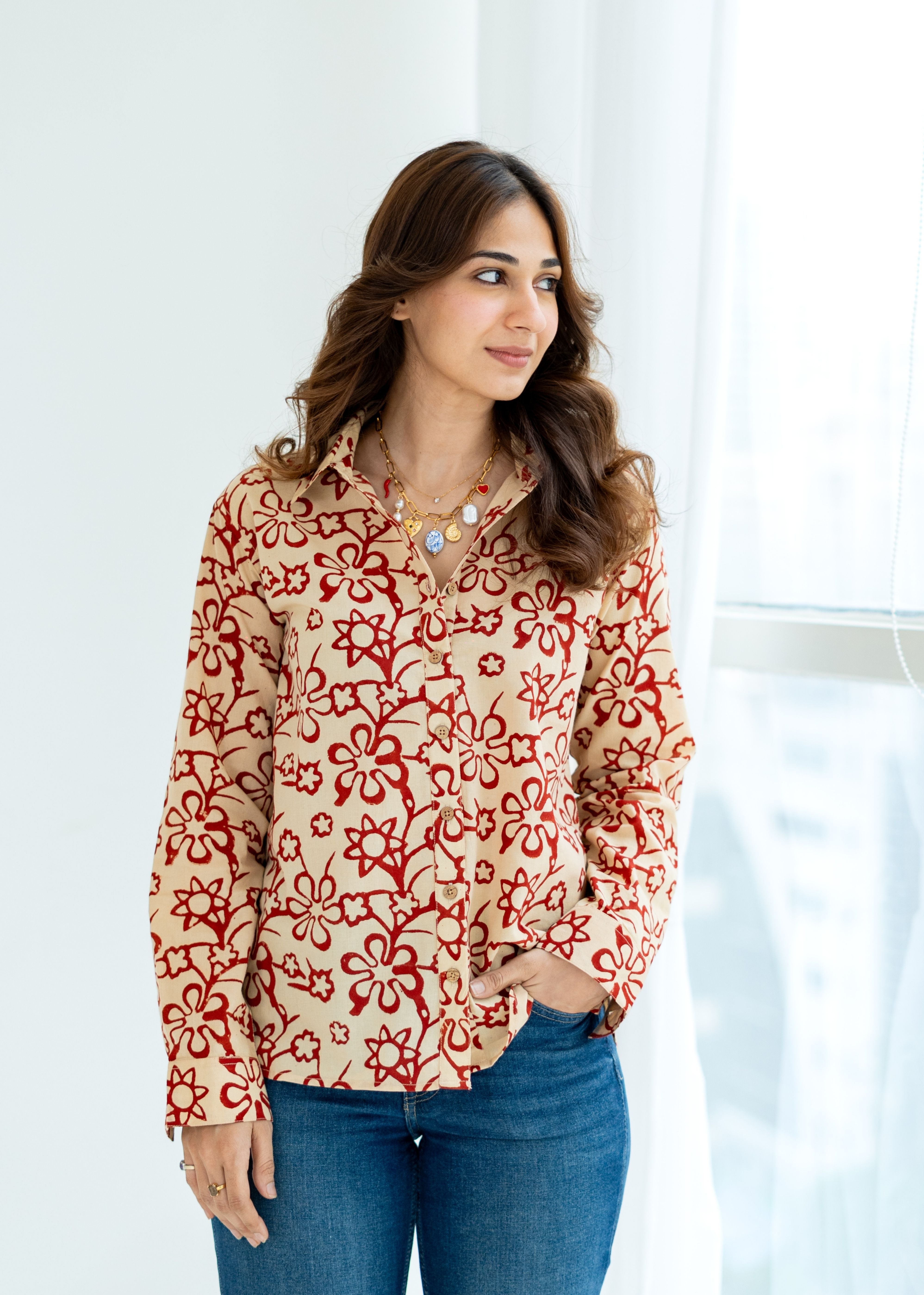 Red Cream Floral Block Print Cotton Shirt