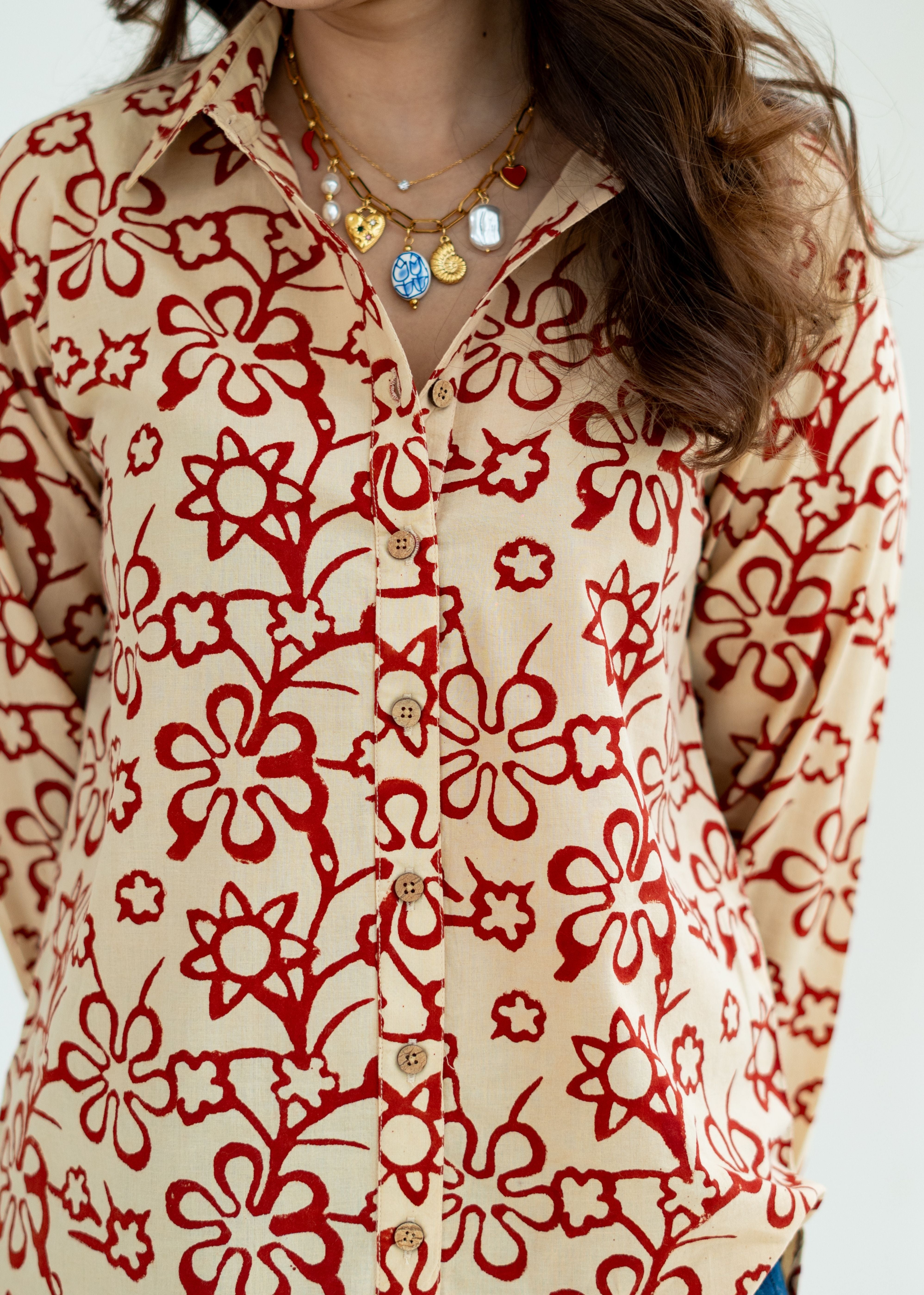 Red Cream Floral Block Print Cotton Shirt