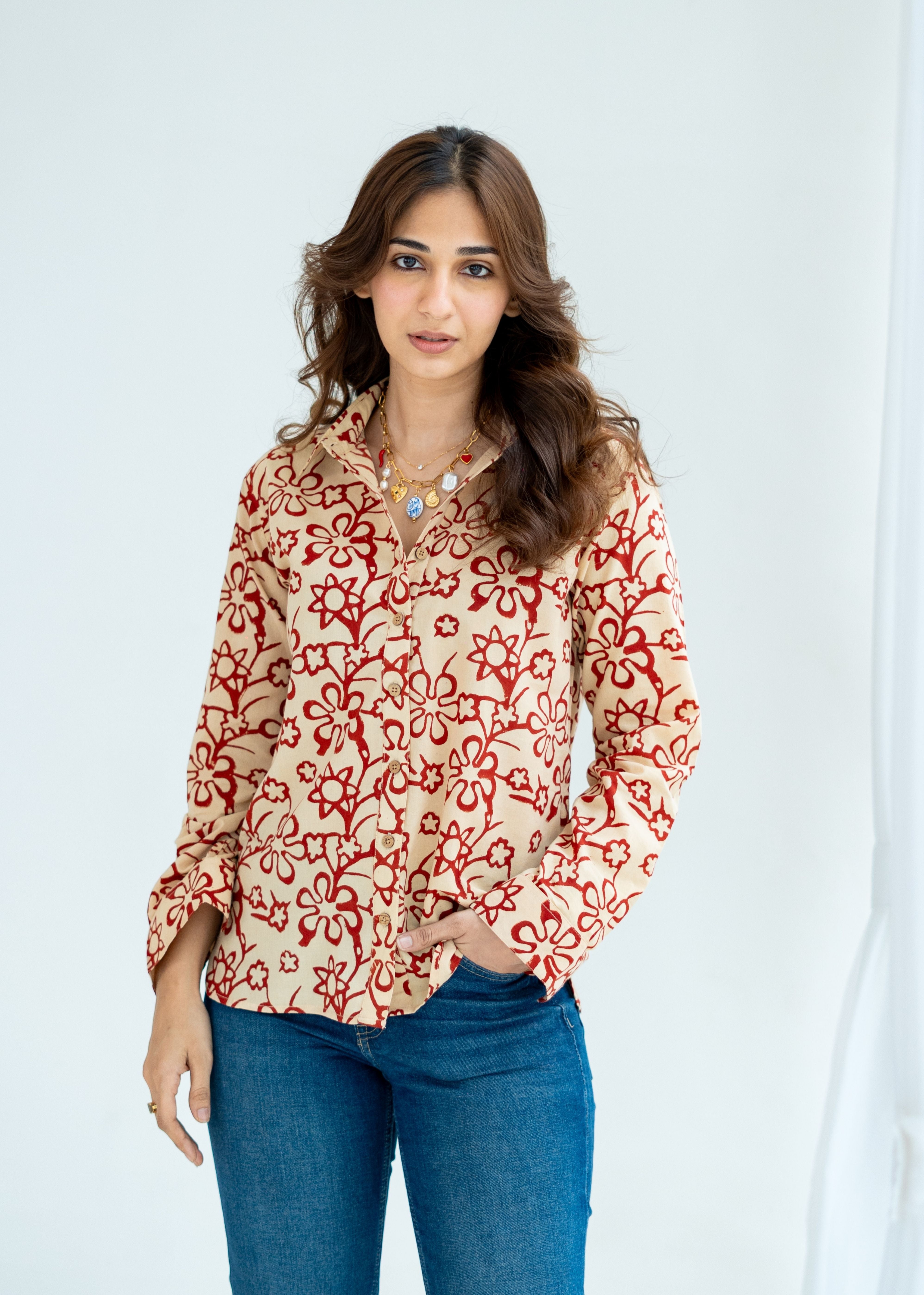 Red Cream Floral Block Print Cotton Shirt