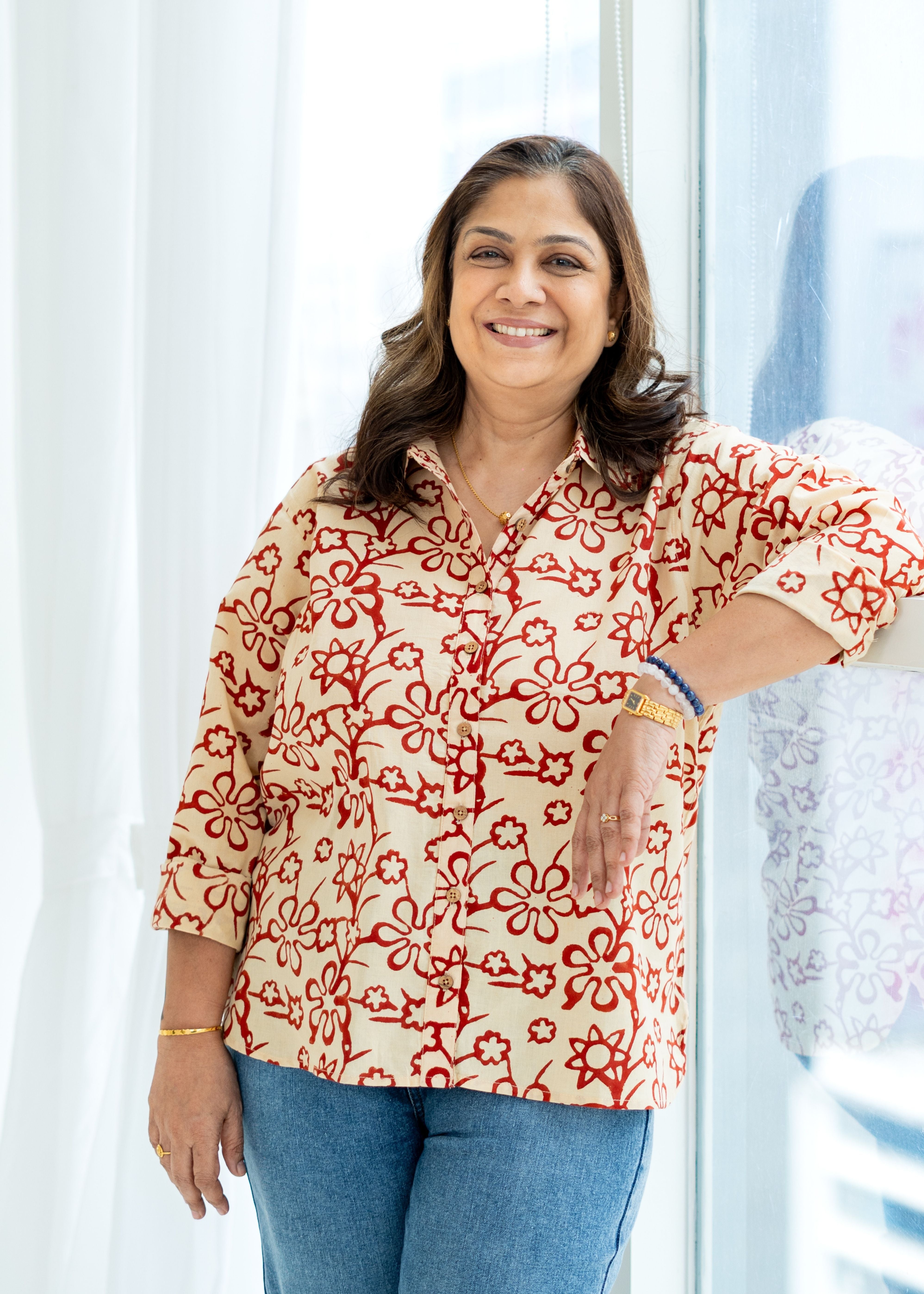 Red Cream Floral Block Print Cotton Shirt