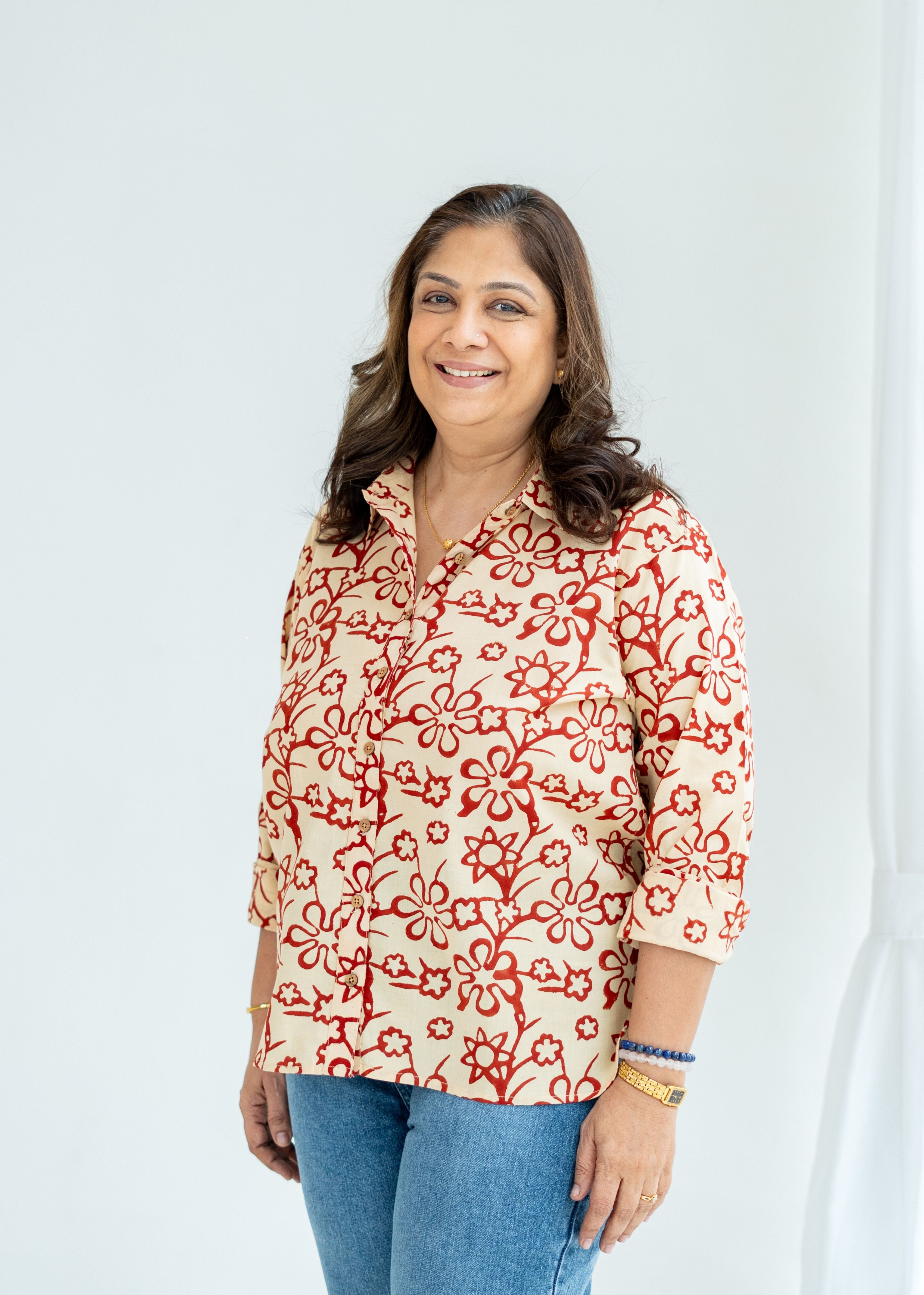 Red Cream Floral Block Print Cotton Shirt