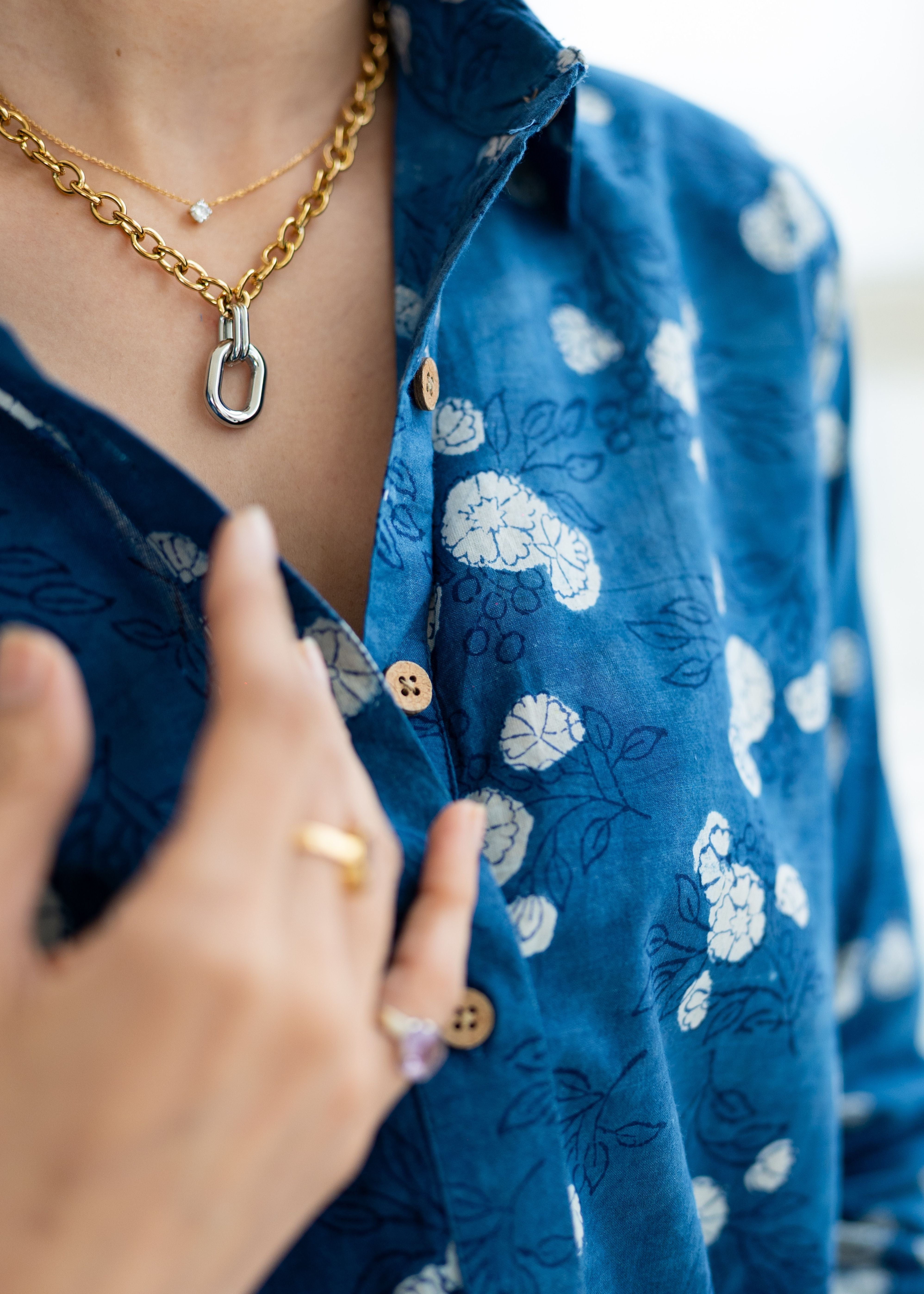 Navy Blue Block Print Cotton Shirt