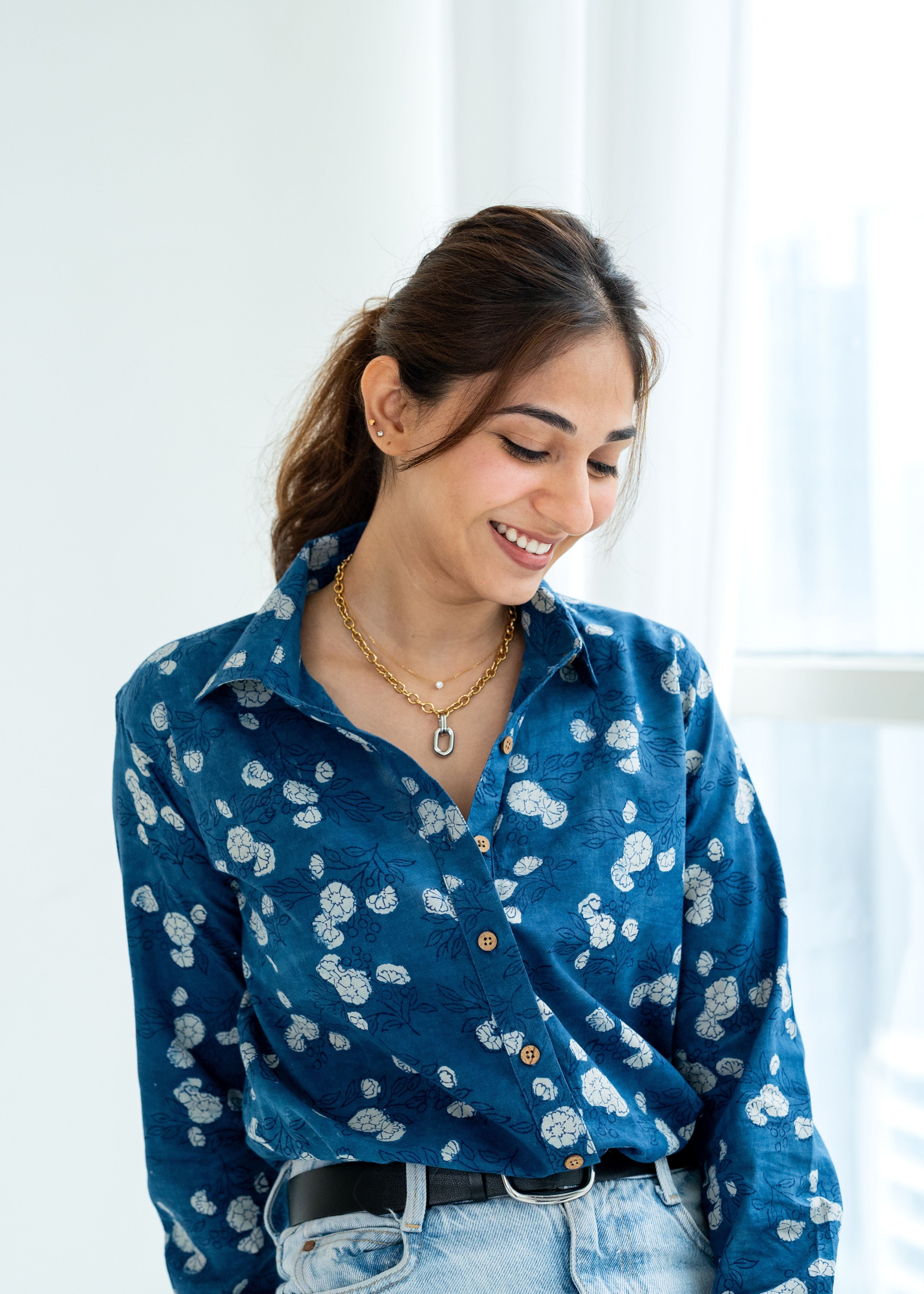 Navy Blue Block Print Cotton Shirt