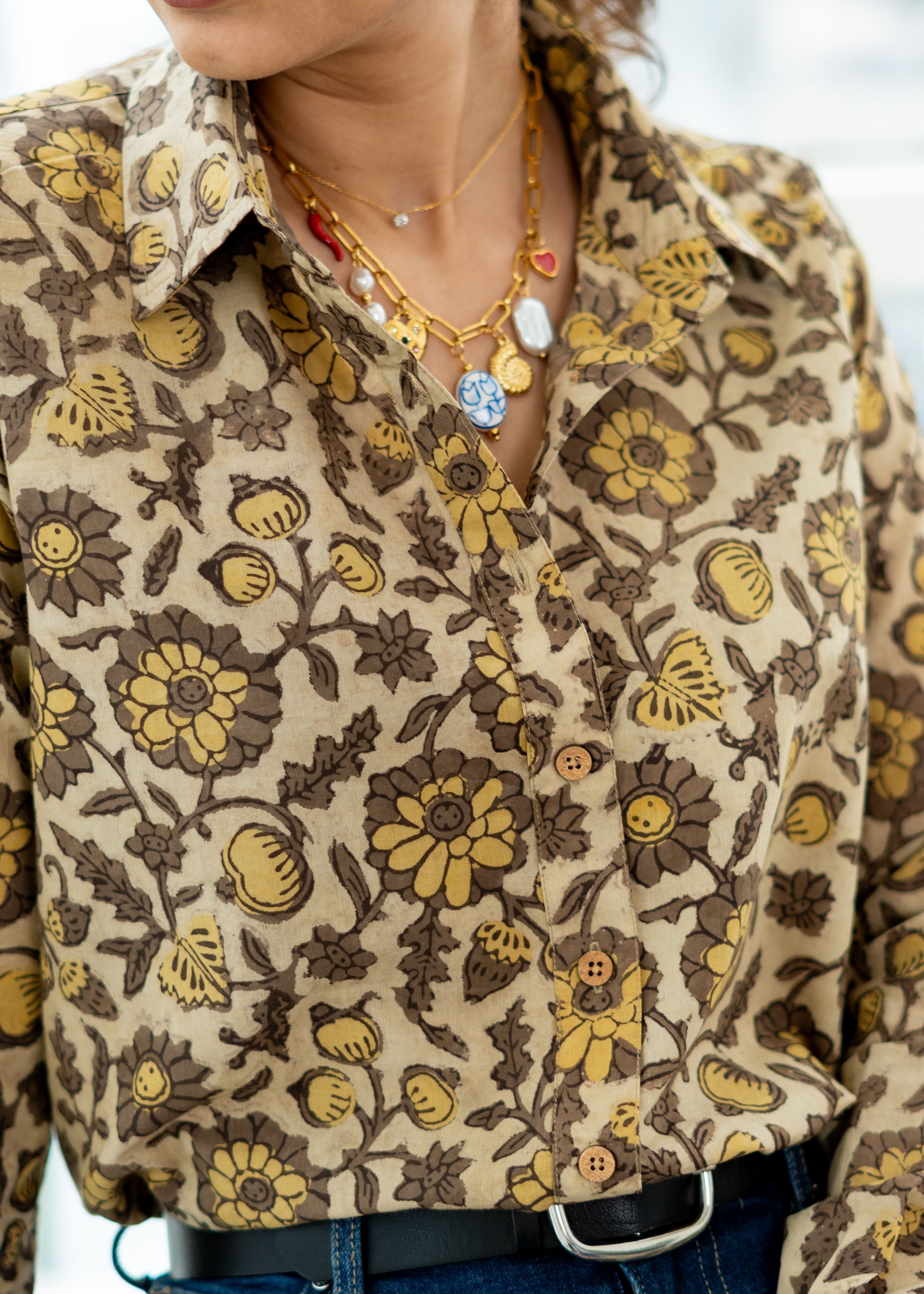 Mustard bagru floral Handblock Cotton Shirt