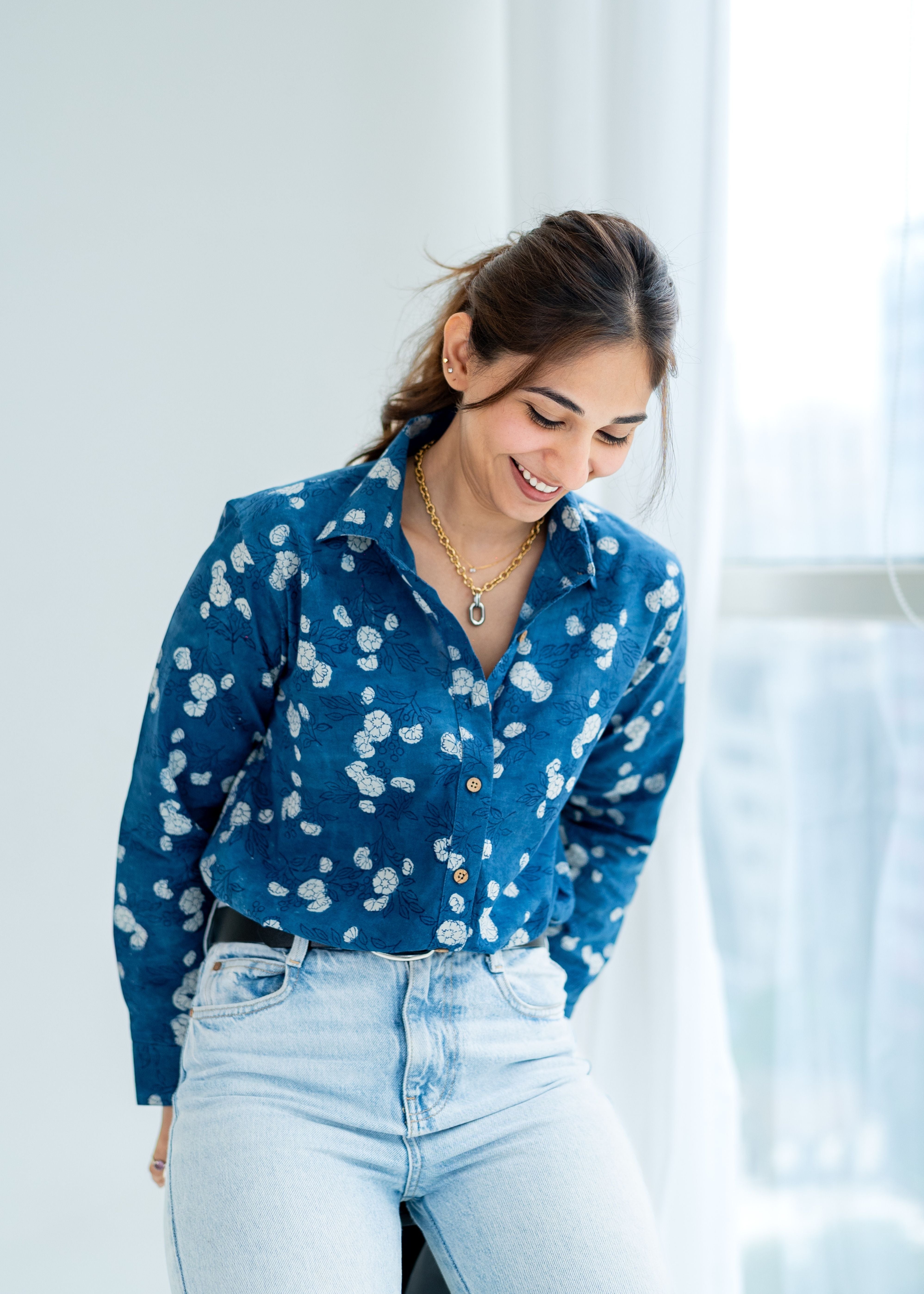 Navy Blue Block Print Cotton Shirt