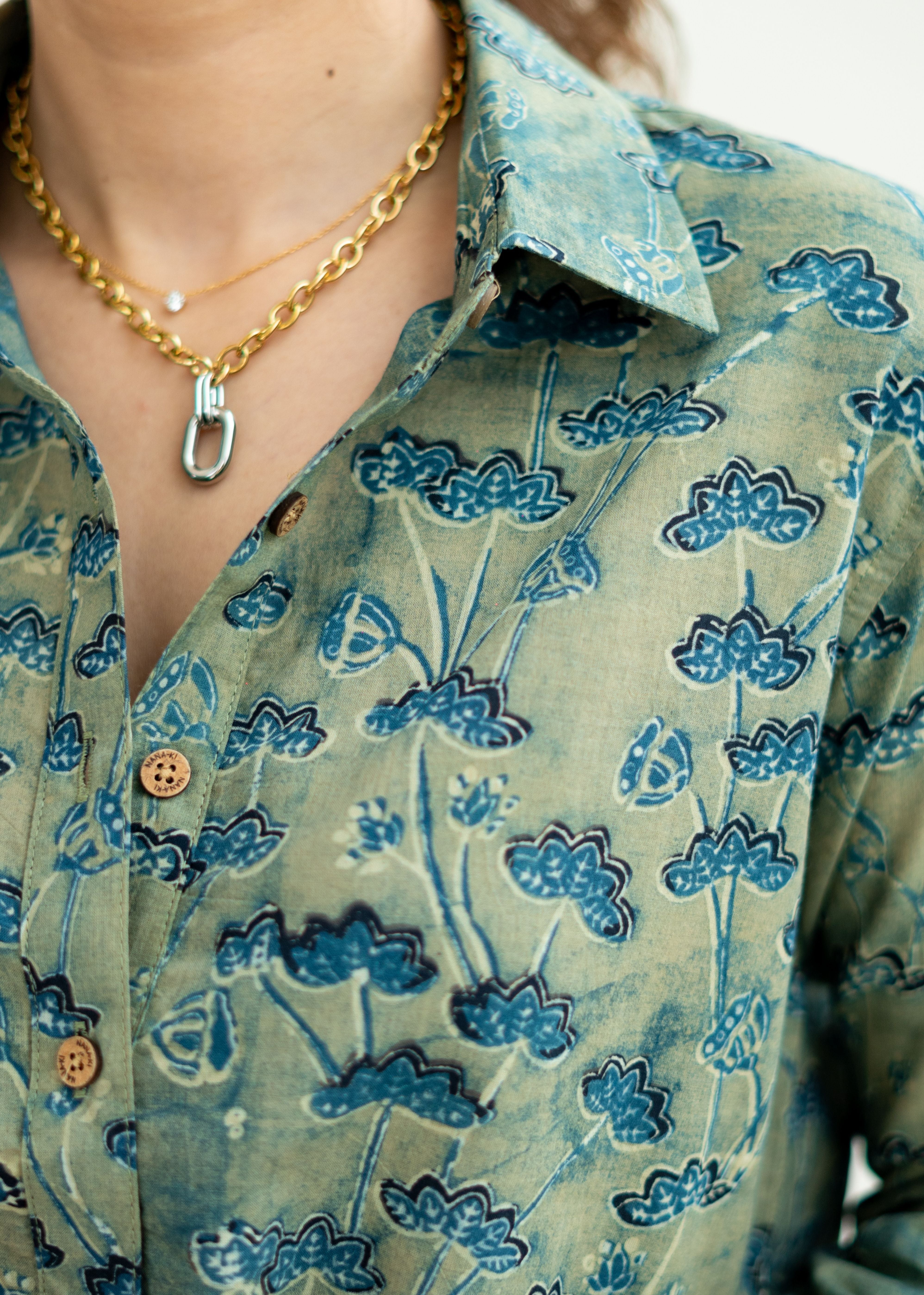 Ajrakh Green Floral Handblock Cotton Shirt