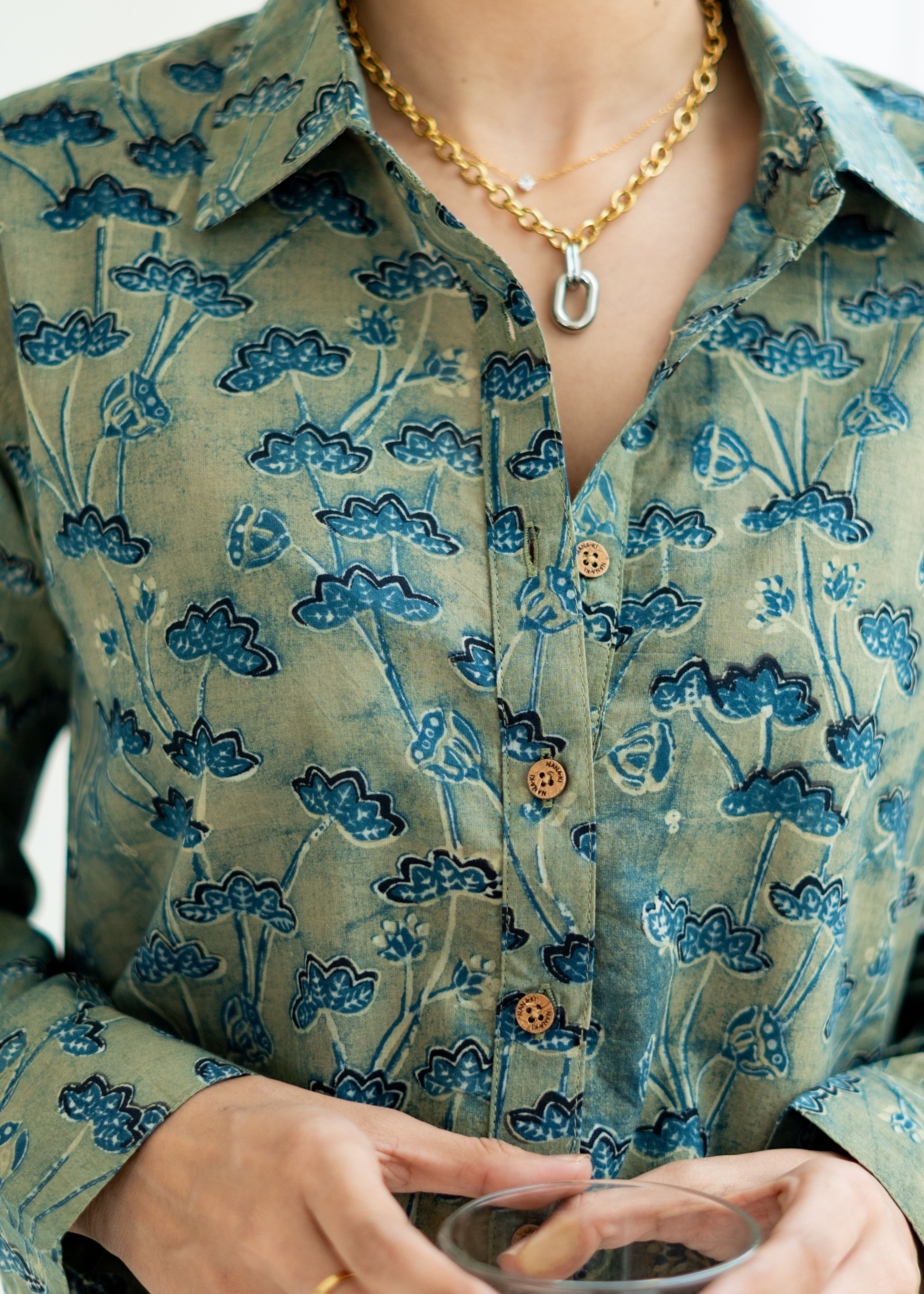 Ajrakh Green Floral Handblock Cotton Shirt