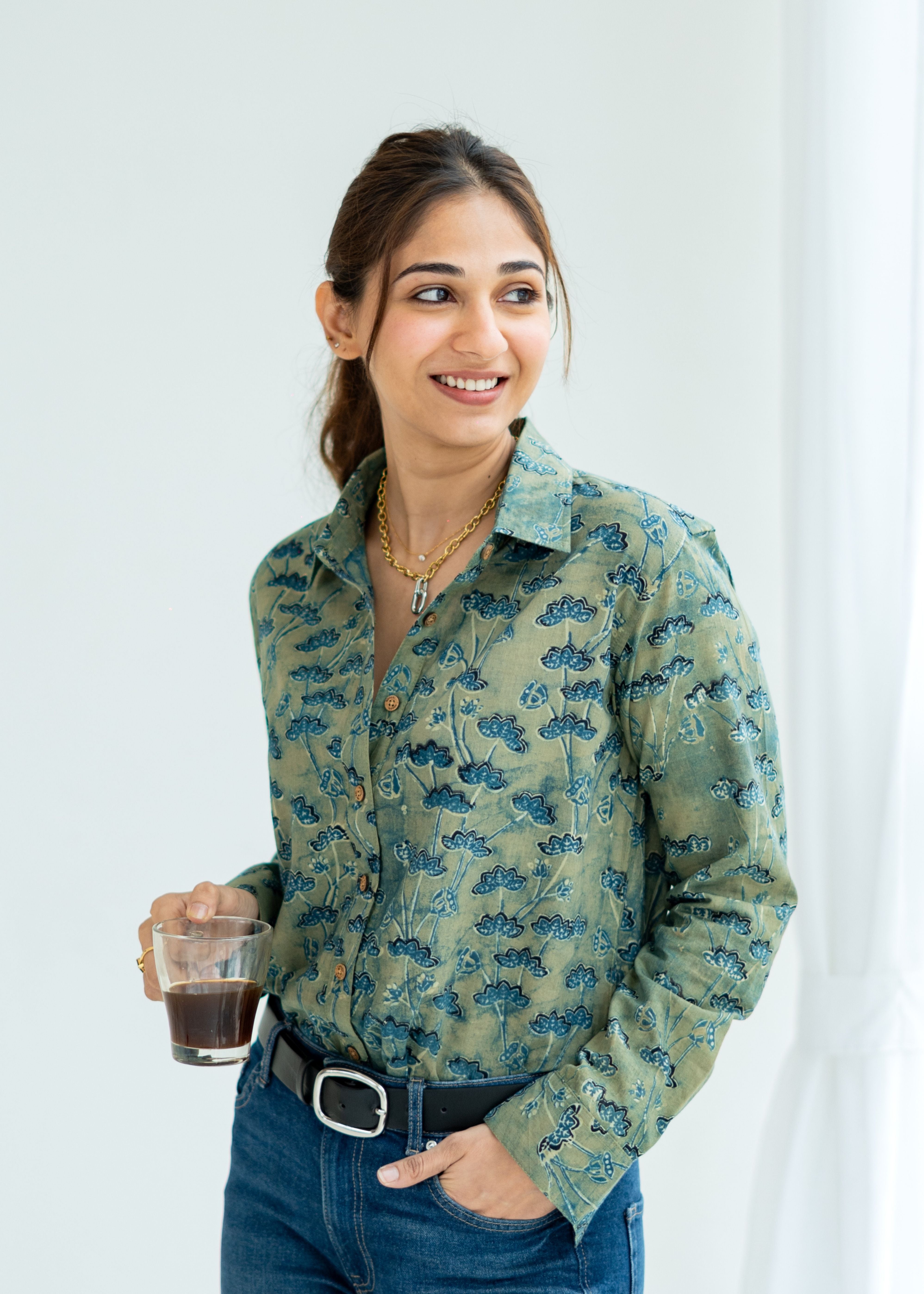 Ajrakh Green Floral Handblock Cotton Shirt
