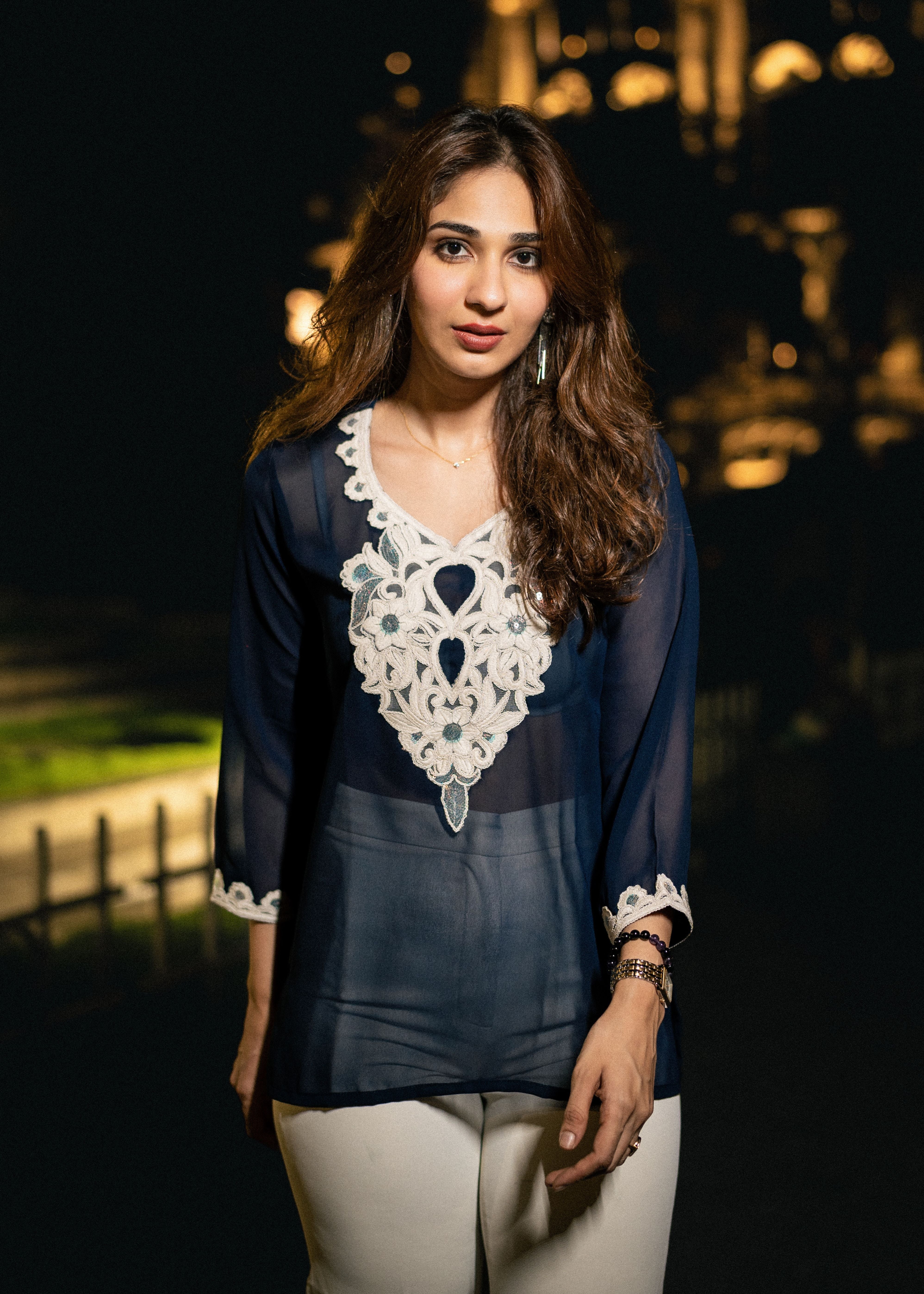 Navy Blue White Aaina Embrodery Kurti