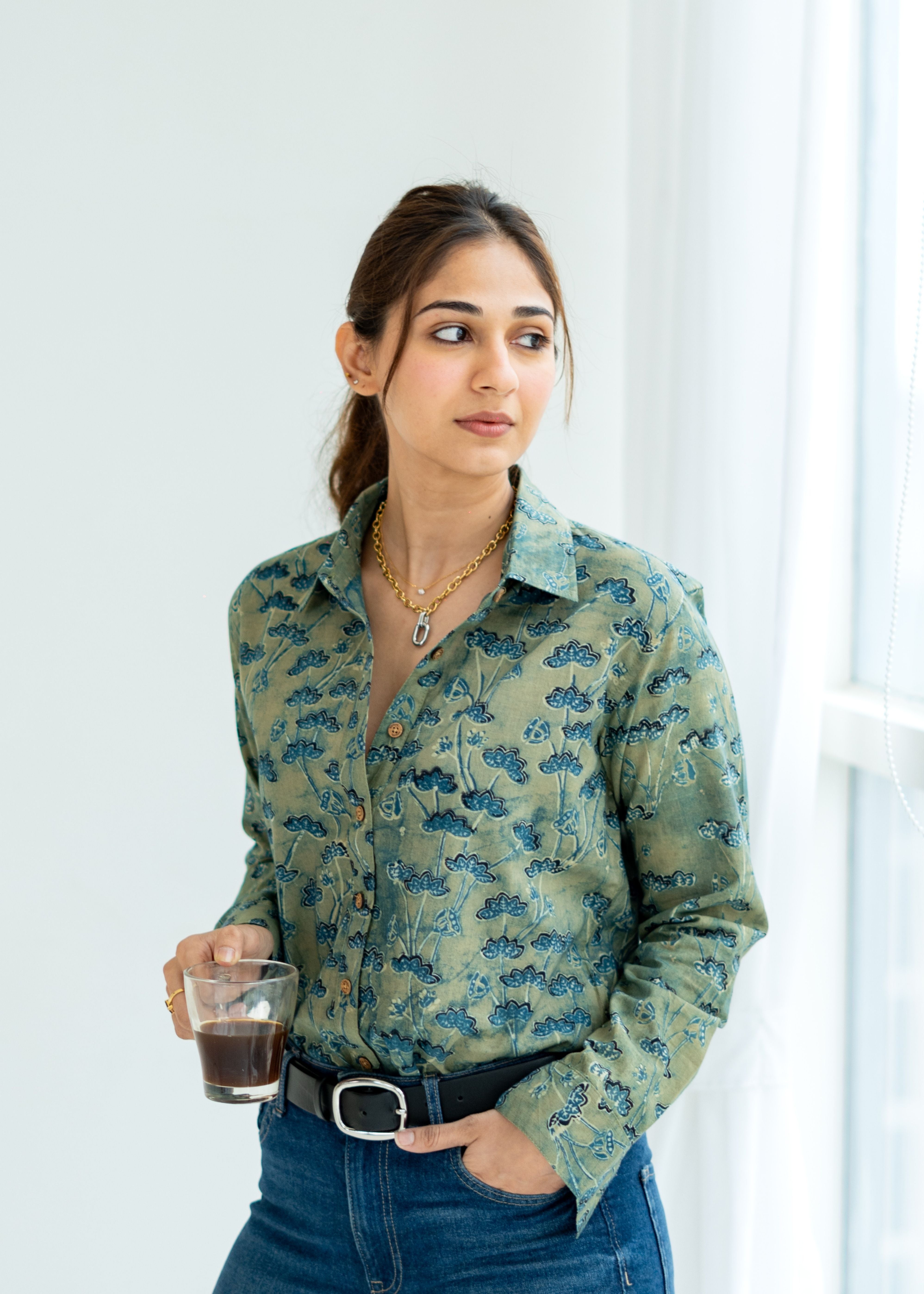 Ajrakh Green Floral Handblock Cotton Shirt